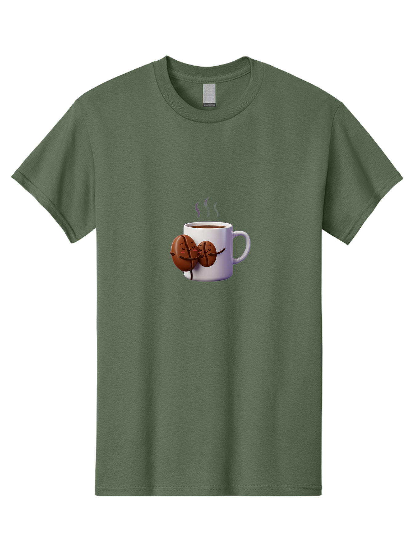 Coffee-Beans-Hugging-Coffee-Mug Men'S Graphic Tee, 100% Cotton, Comfortable Casual Summer Wear, Machine Washable, Cartoon Coffee Beans, Steaming Hot Coffee, Coffee Cups, Morning Coffee, Coffee Lovers, Coffee Break Bab782