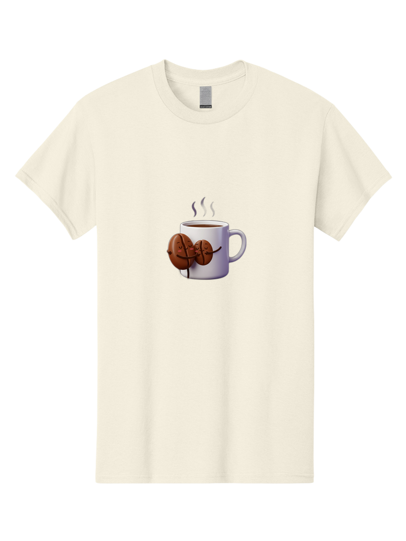 Coffee-Beans-Hugging-Coffee-Mug Men'S Graphic Tee, 100% Cotton, Comfortable Casual Summer Wear, Machine Washable, Cartoon Coffee Beans, Steaming Hot Coffee, Coffee Cups, Morning Coffee, Coffee Lovers, Coffee Break Bab782