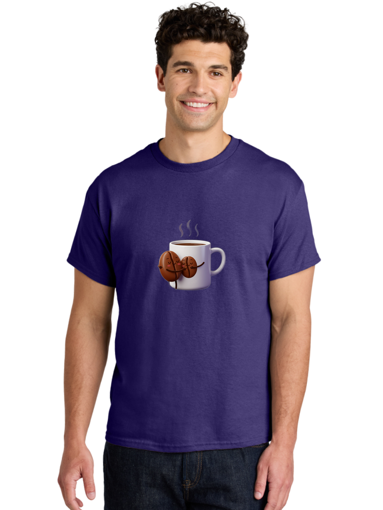 Coffee-Beans-Hugging-Coffee-Mug Men'S Graphic Tee, 100% Cotton, Comfortable Casual Summer Wear, Machine Washable, Cartoon Coffee Beans, Steaming Hot Coffee, Coffee Cups, Morning Coffee, Coffee Lovers, Coffee Break Bab782