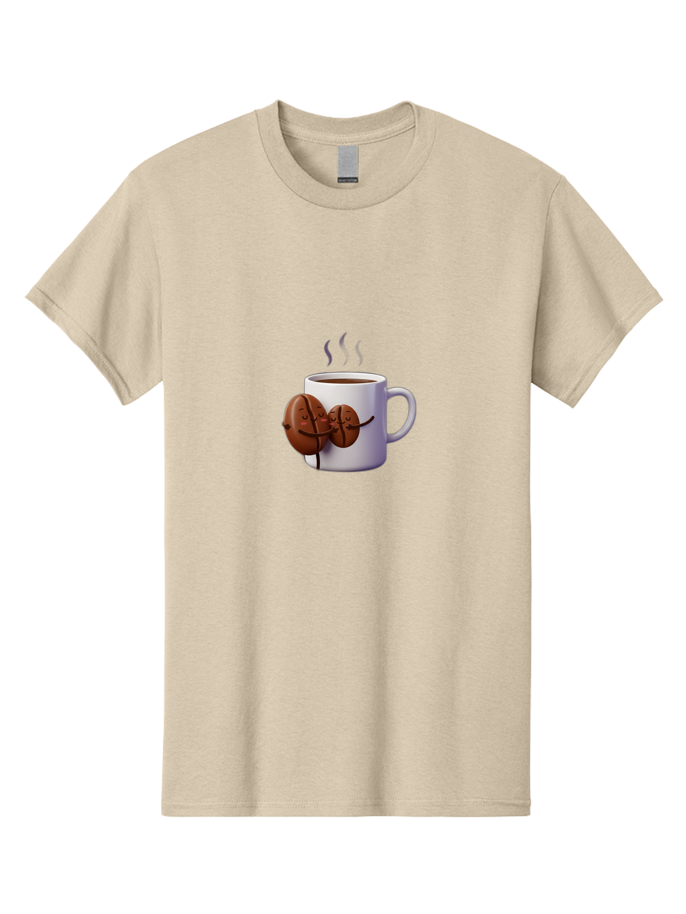 Coffee-Beans-Hugging-Coffee-Mug Men'S Graphic Tee, 100% Cotton, Comfortable Casual Summer Wear, Machine Washable, Cartoon Coffee Beans, Steaming Hot Coffee, Coffee Cups, Morning Coffee, Coffee Lovers, Coffee Break Bab782