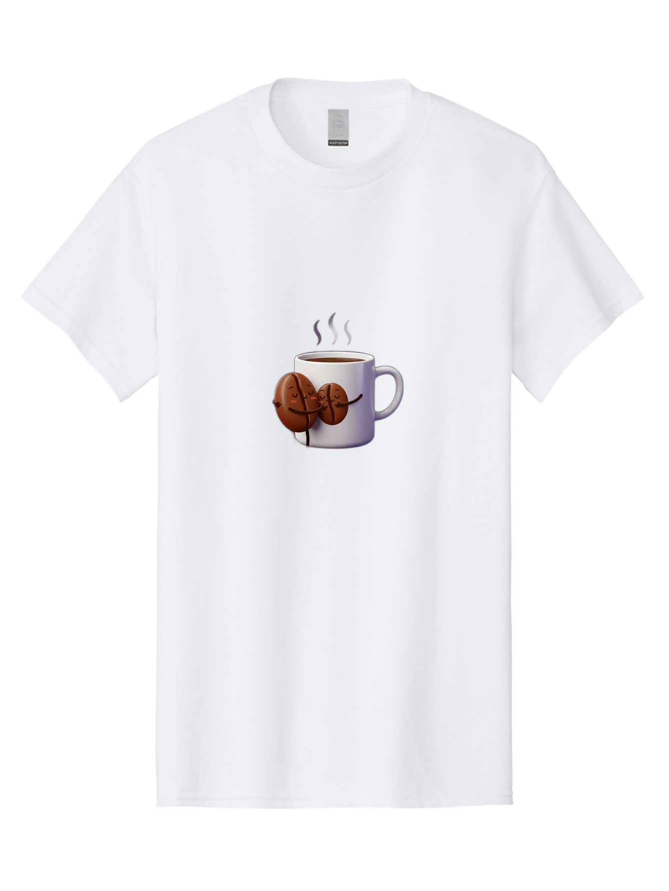Coffee-Beans-Hugging-Coffee-Mug Men'S Graphic Tee, 100% Cotton, Comfortable Casual Summer Wear, Machine Washable, Cartoon Coffee Beans, Steaming Hot Coffee, Coffee Cups, Morning Coffee, Coffee Lovers, Coffee Break Bab782