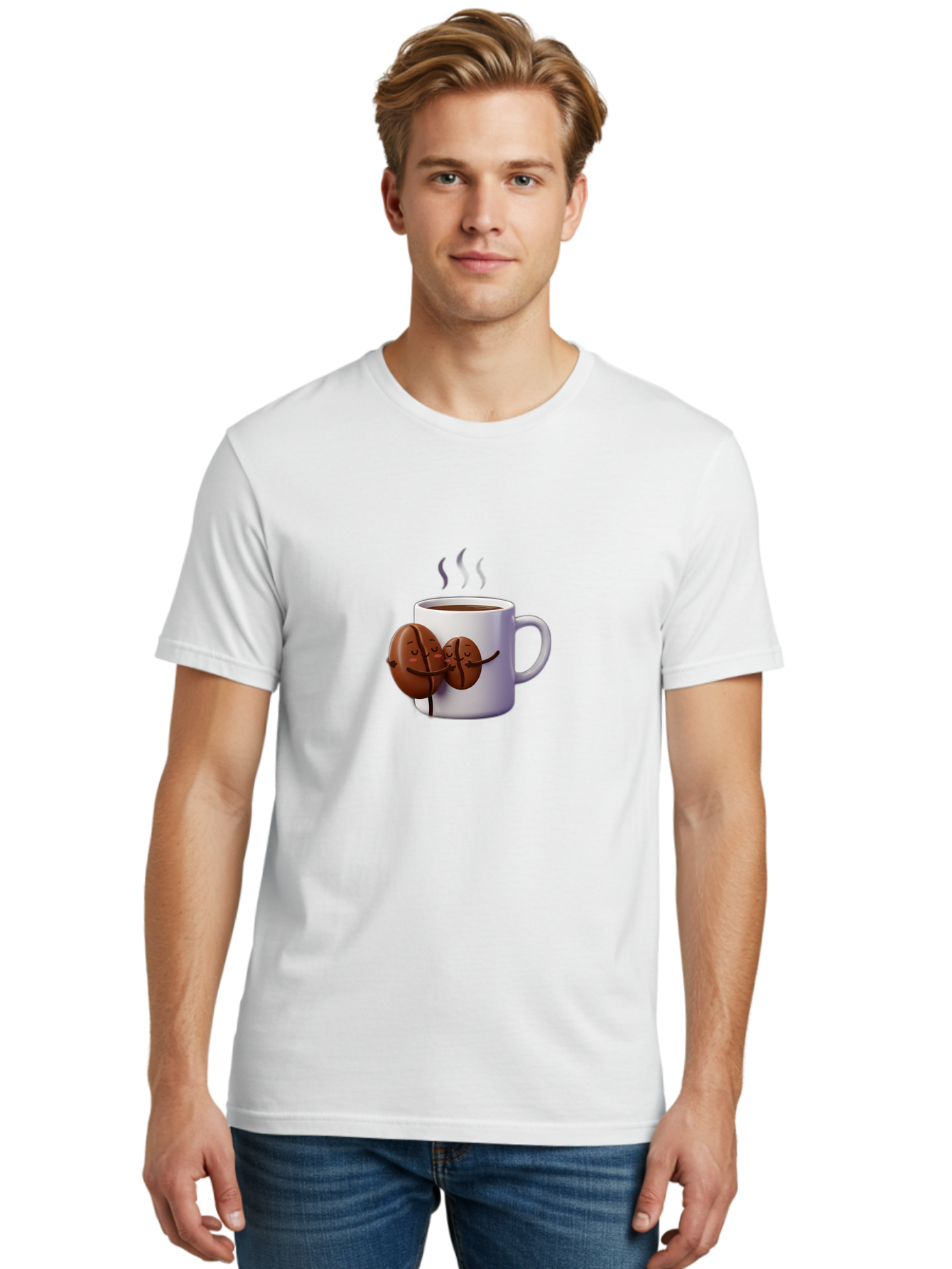 Coffee-Beans-Hugging-Coffee-Mug Men'S Graphic Tee, 100% Cotton, Comfortable Casual Summer Wear, Machine Washable, Cartoon Coffee Beans, Steaming Hot Coffee, Coffee Cups, Morning Coffee, Coffee Lovers, Coffee Break Bab782