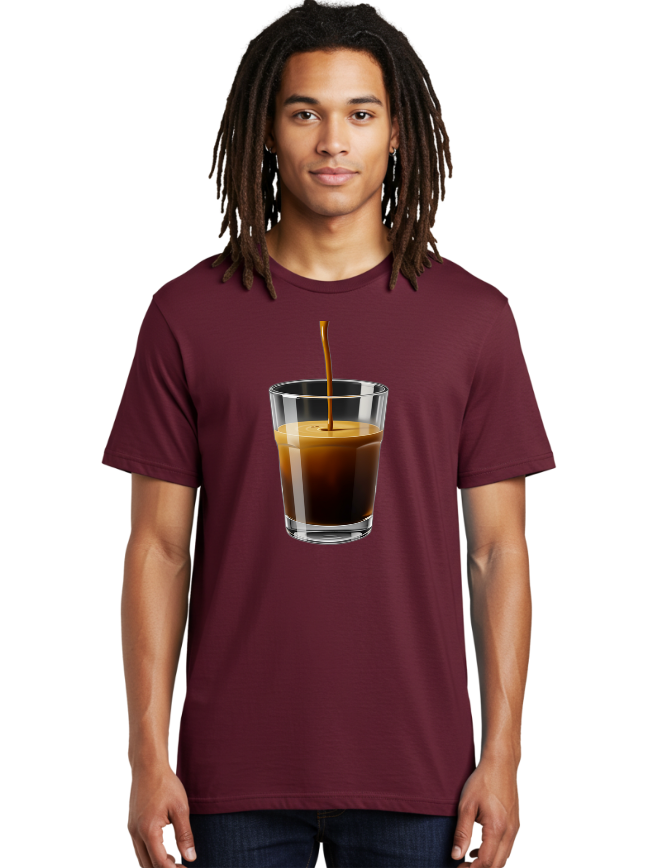 Coffee-Being-Poured-Into-A-Glass Men'S Graphic Tee, 100% Cotton, Comfortable Casual Summer Wear, Machine Washable, Coffee Being Poured, Espresso In Glass, Dark Brown Liquid, Coffee Drink, Beverage, Drinkware, Transparent Glass Bab783
