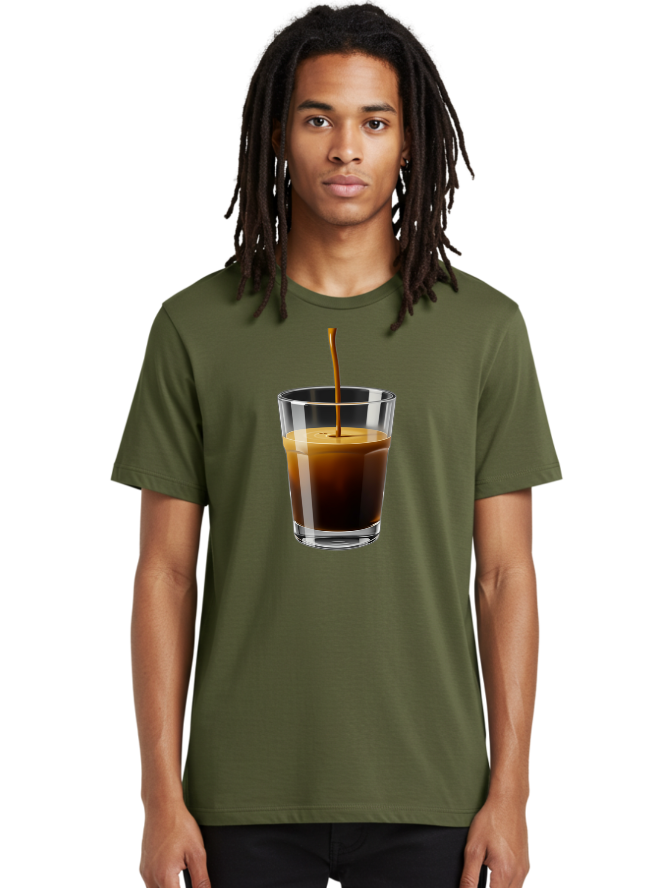Coffee-Being-Poured-Into-A-Glass Men'S Graphic Tee, 100% Cotton, Comfortable Casual Summer Wear, Machine Washable, Coffee Being Poured, Espresso In Glass, Dark Brown Liquid, Coffee Drink, Beverage, Drinkware, Transparent Glass Bab783