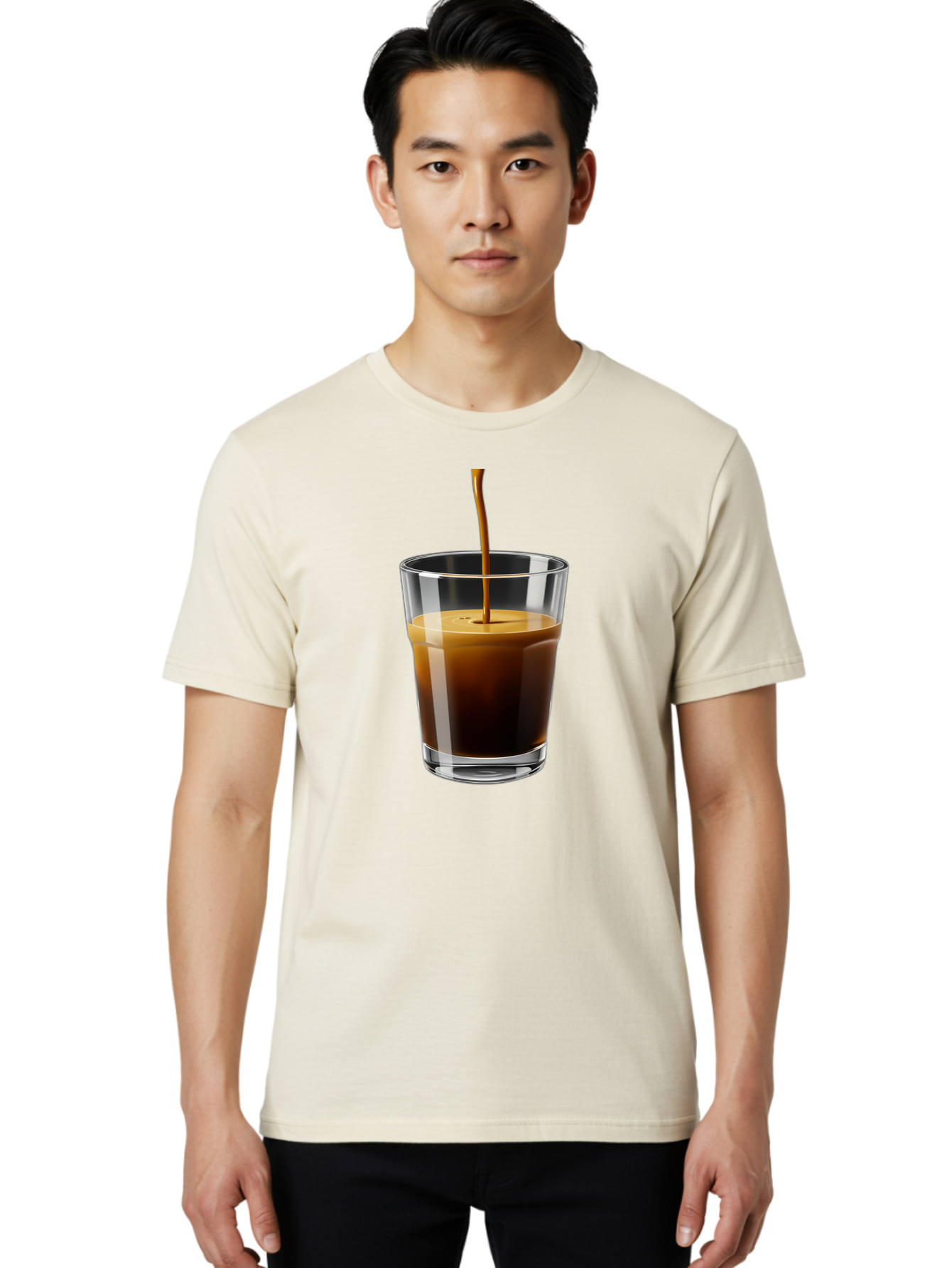 Coffee-Being-Poured-Into-A-Glass Men'S Graphic Tee, 100% Cotton, Comfortable Casual Summer Wear, Machine Washable, Coffee Being Poured, Espresso In Glass, Dark Brown Liquid, Coffee Drink, Beverage, Drinkware, Transparent Glass Bab783