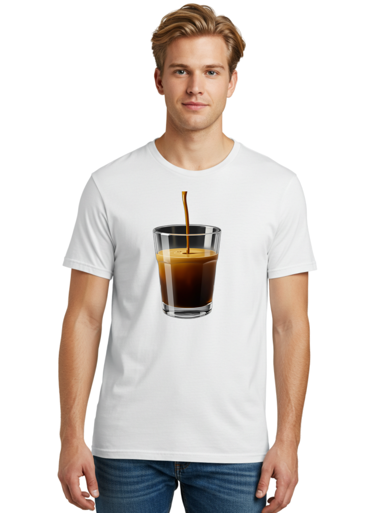 Coffee-Being-Poured-Into-A-Glass Men'S Graphic Tee, 100% Cotton, Comfortable Casual Summer Wear, Machine Washable, Coffee Being Poured, Espresso In Glass, Dark Brown Liquid, Coffee Drink, Beverage, Drinkware, Transparent Glass Bab783