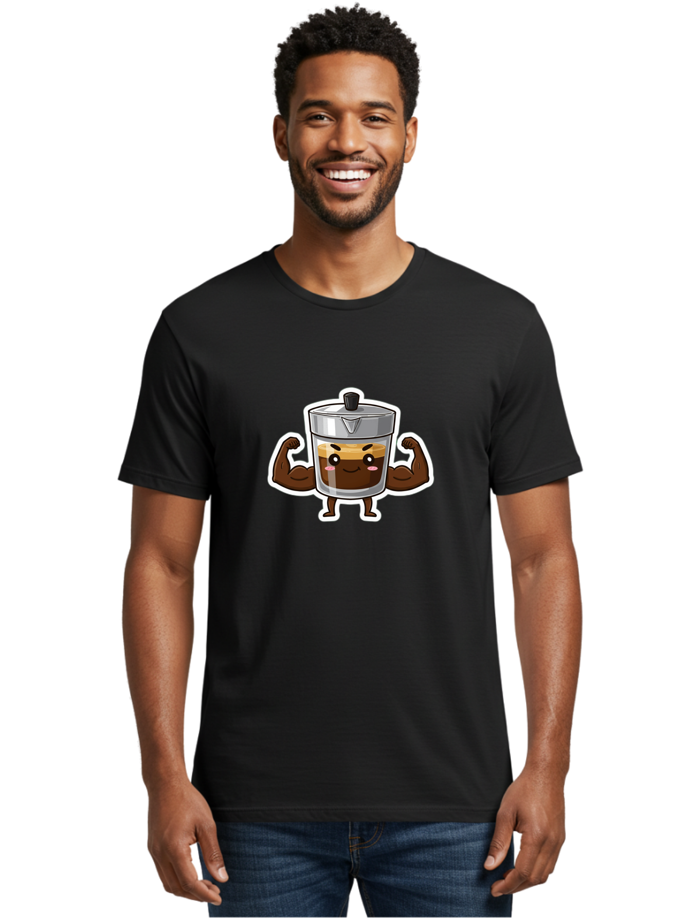 Coffee-Character Men'S Graphic Tee, 100% Cotton, Comfortable Casual Summer Wear, Machine Washable, Cartoon Coffee, Muscular Arms, Flexing Biceps, Coffee Cup, Brown Coffee, Silver Lid, Anthropomorphic Coffee, Funny Coffee, Coffee Character, Bab785