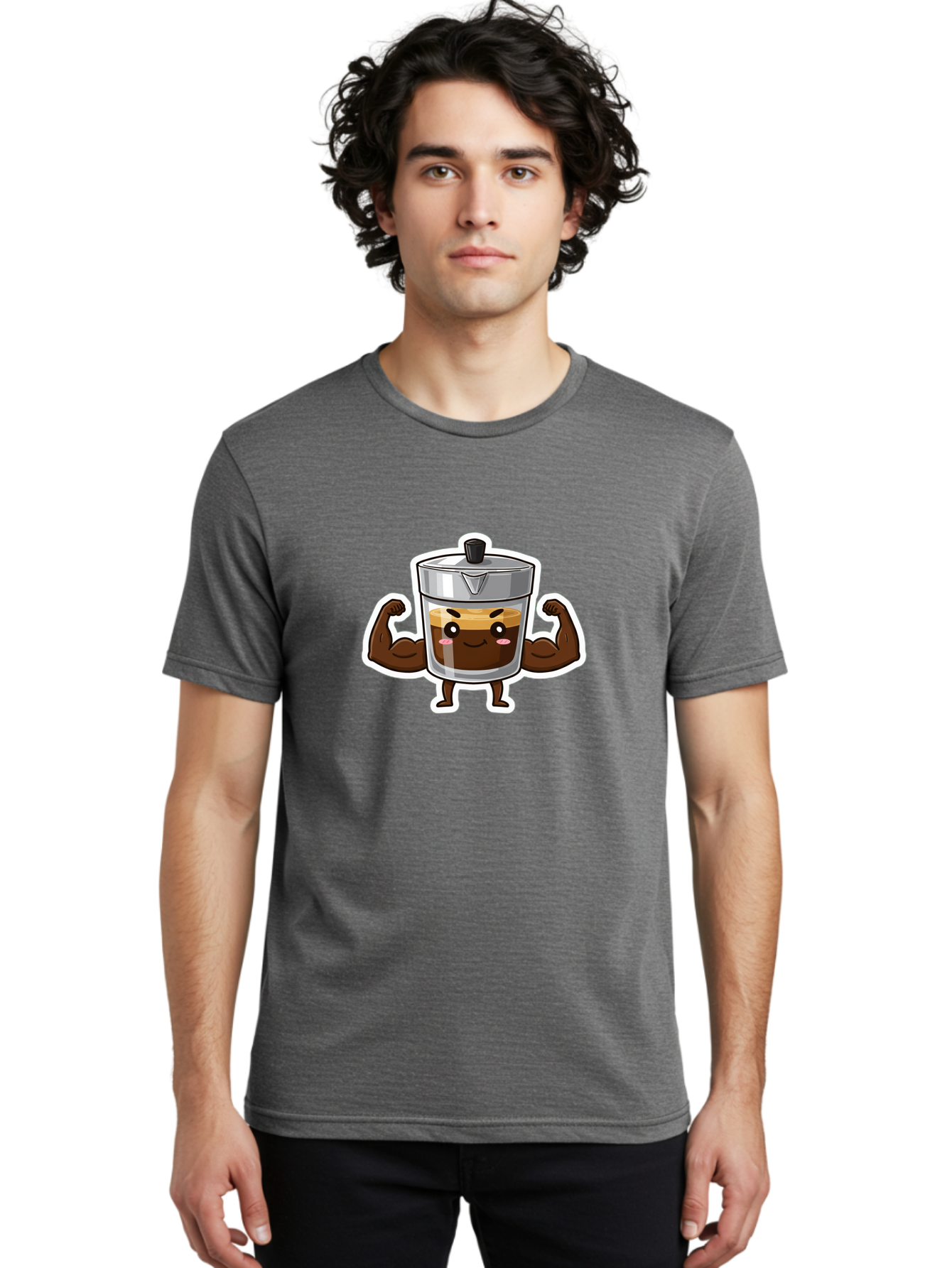 Coffee-Character Men'S Graphic Tee, 100% Cotton, Comfortable Casual Summer Wear, Machine Washable, Cartoon Coffee, Muscular Arms, Flexing Biceps, Coffee Cup, Brown Coffee, Silver Lid, Anthropomorphic Coffee, Funny Coffee, Coffee Character, Bab785