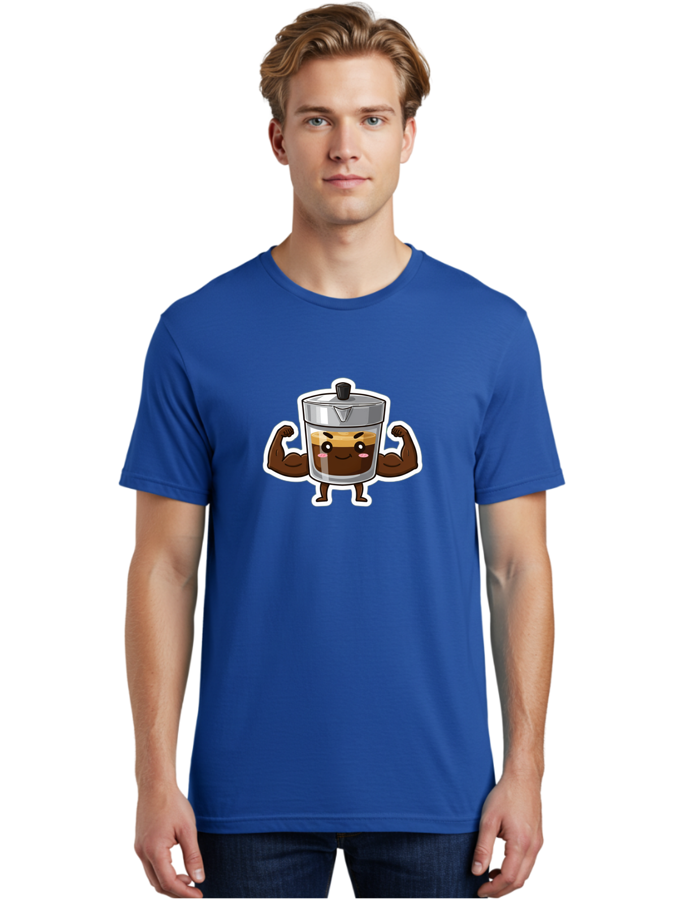 Coffee-Character Men'S Graphic Tee, 100% Cotton, Comfortable Casual Summer Wear, Machine Washable, Cartoon Coffee, Muscular Arms, Flexing Biceps, Coffee Cup, Brown Coffee, Silver Lid, Anthropomorphic Coffee, Funny Coffee, Coffee Character, Bab785