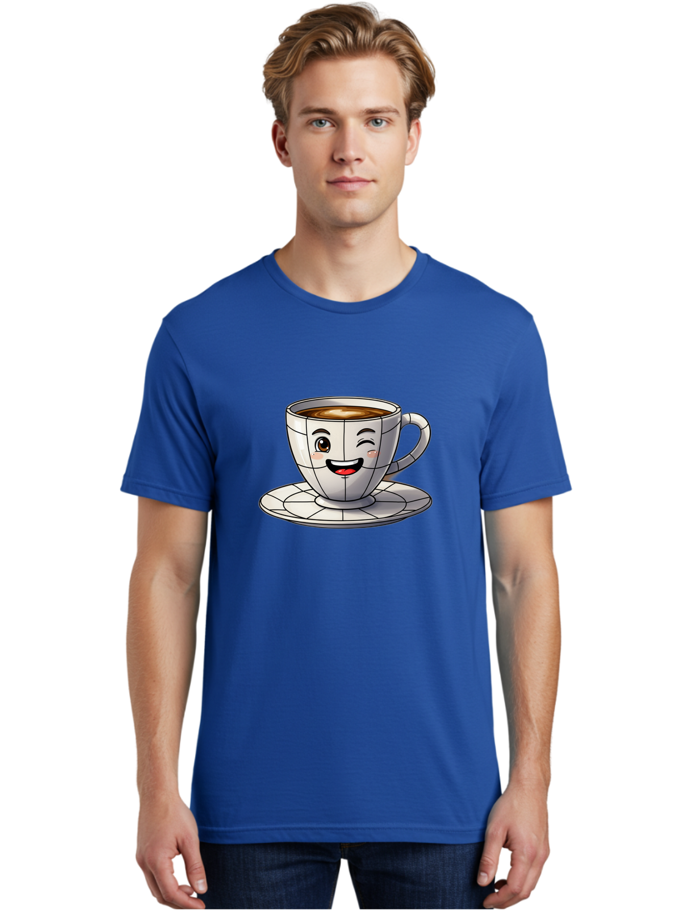 Coffee-Cup-1 Men'S Graphic Tee, 100% Cotton, Comfortable Casual Summer Wear, Machine Washable, Cartoon Coffee Cup, Smiling Face, Happy Expression, Coffee Break, Morning Routine, Cafe Culture, Animated Character, Playful Design, Whimsical Art Bab786