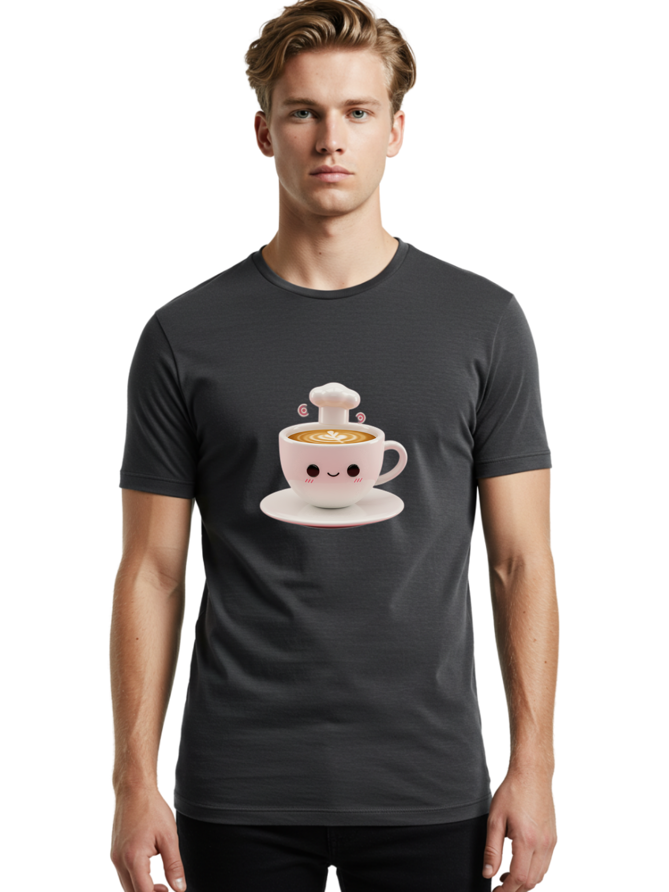 Coffee-Cup-4 Men'S Graphic Tee, 100% Cotton, Comfortable Casual Summer Wear, Machine Washable, Cute Coffee Cup, Cartoon Character, Coffee Latte Art, Smiley Face, Kawaii Culture, Coffee Break, Morning Pick-Me-Up, Adorable Design Bab789
