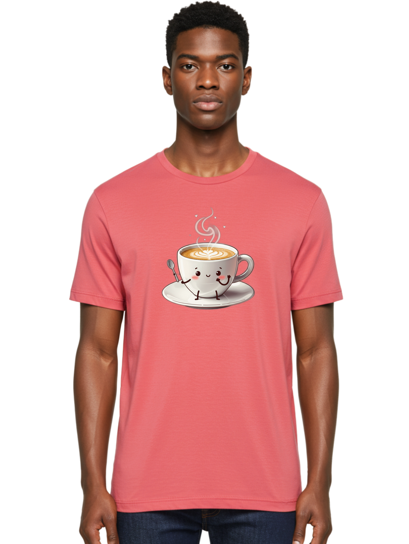 Coffee-Cup-Character-1 Men'S Graphic Tee, 100% Cotton, Comfortable Casual Summer Wear, Machine Washable, Cartoon Coffee Cup, Happy Face, Steaming Hot Coffee, Coffee Art, Cute Character, Kawaii Design, Latte Art, Coffee Culture, Bab794