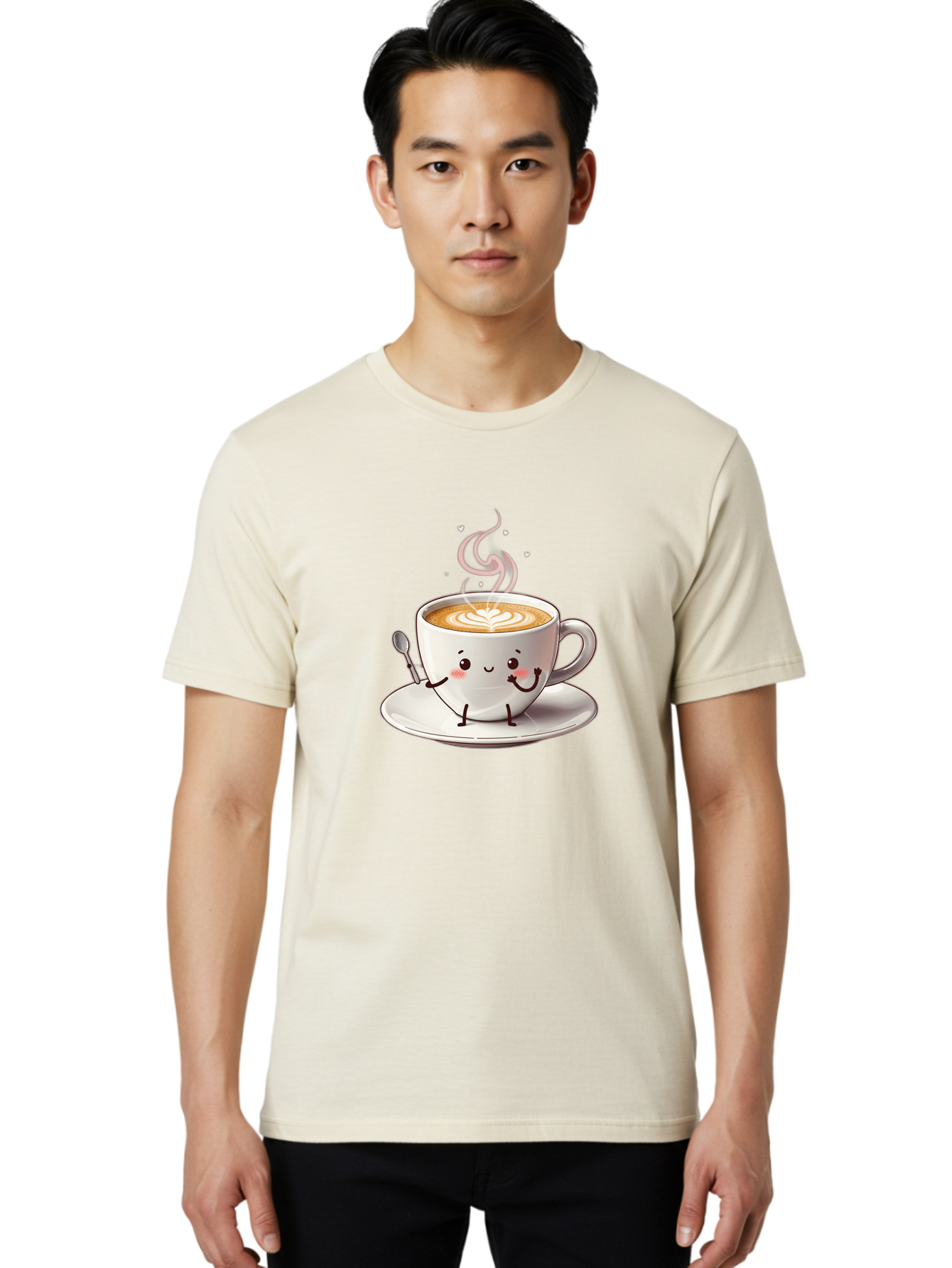 Coffee-Cup-Character-1 Men'S Graphic Tee, 100% Cotton, Comfortable Casual Summer Wear, Machine Washable, Cartoon Coffee Cup, Happy Face, Steaming Hot Coffee, Coffee Art, Cute Character, Kawaii Design, Latte Art, Coffee Culture, Bab794