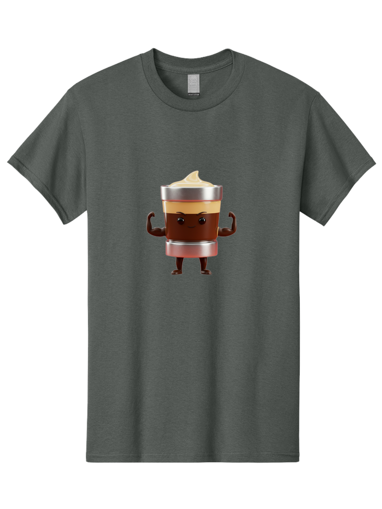 Coffee-Cup-Character Men'S Graphic Tee, 100% Cotton, Comfortable Casual Summer Wear, Machine Washable, Coffee Cup Character, Flexing Muscles, Strong Coffee, Cartoon Style, Playful Design, 3D Illustration, Coffee Lover, Morning Motivation Bab795