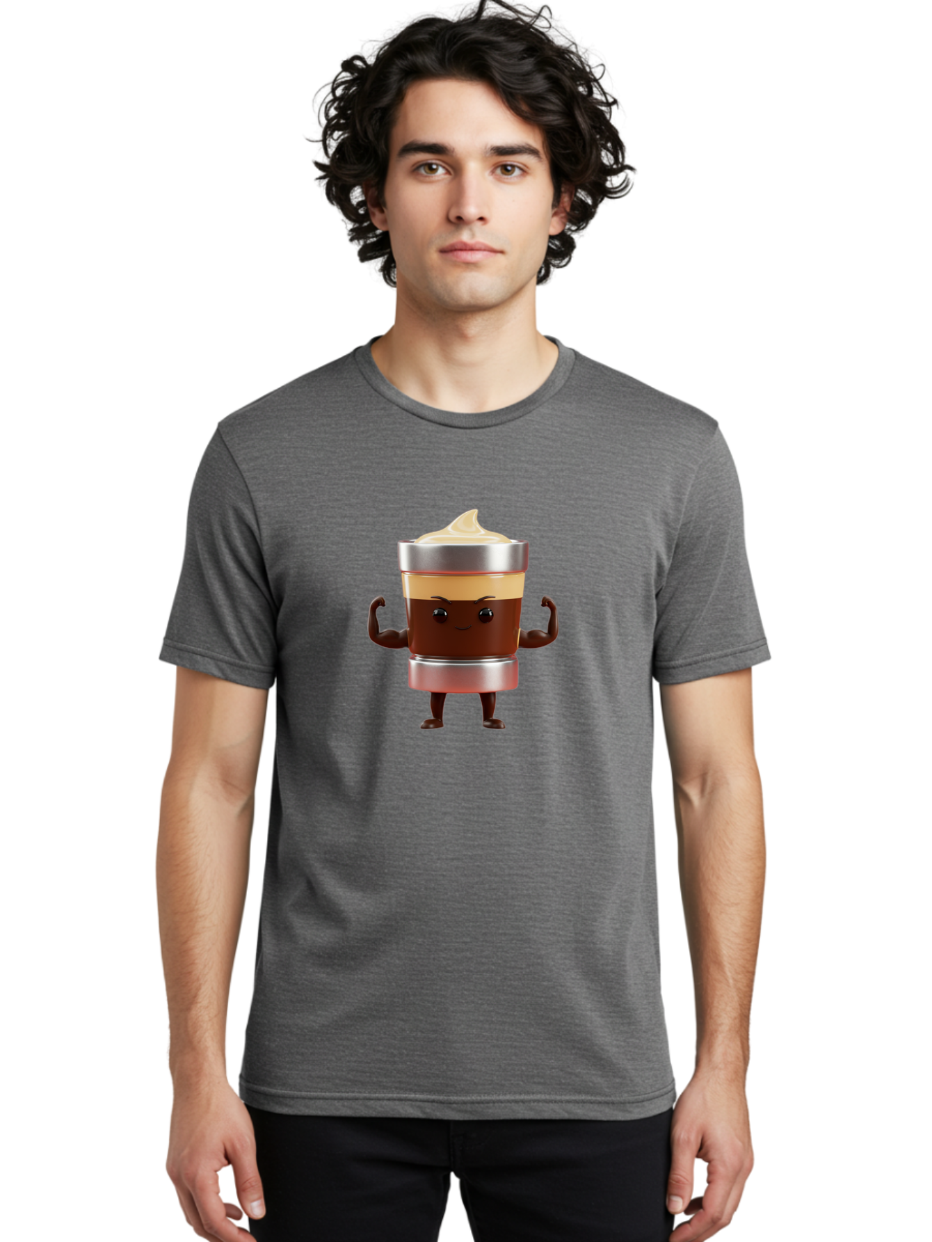 Coffee-Cup-Character Men'S Graphic Tee, 100% Cotton, Comfortable Casual Summer Wear, Machine Washable, Coffee Cup Character, Flexing Muscles, Strong Coffee, Cartoon Style, Playful Design, 3D Illustration, Coffee Lover, Morning Motivation Bab795