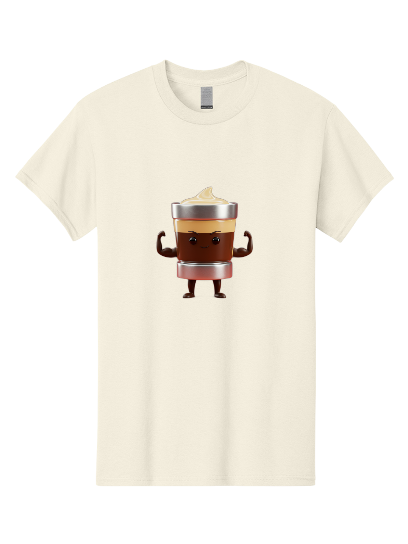 Coffee-Cup-Character Men'S Graphic Tee, 100% Cotton, Comfortable Casual Summer Wear, Machine Washable, Coffee Cup Character, Flexing Muscles, Strong Coffee, Cartoon Style, Playful Design, 3D Illustration, Coffee Lover, Morning Motivation Bab795