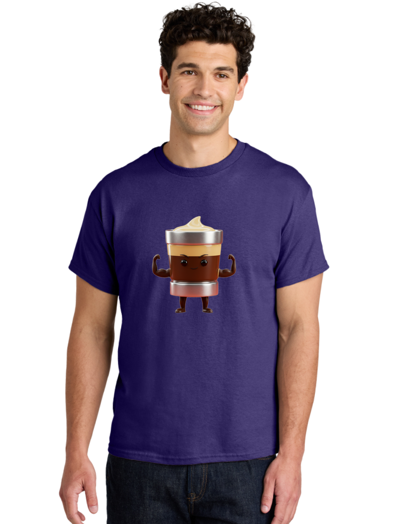 Coffee-Cup-Character Men'S Graphic Tee, 100% Cotton, Comfortable Casual Summer Wear, Machine Washable, Coffee Cup Character, Flexing Muscles, Strong Coffee, Cartoon Style, Playful Design, 3D Illustration, Coffee Lover, Morning Motivation Bab795
