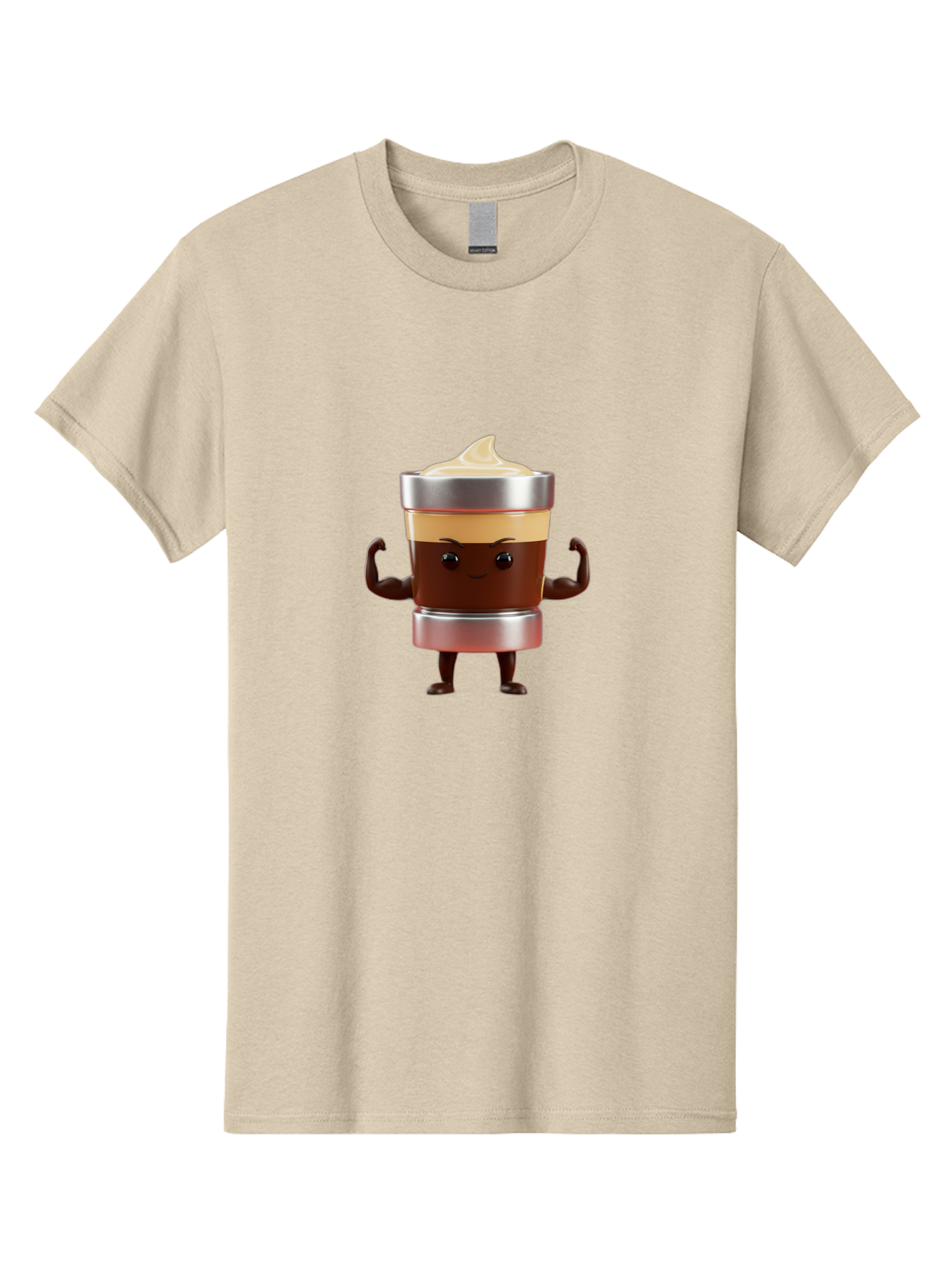 Coffee-Cup-Character Men'S Graphic Tee, 100% Cotton, Comfortable Casual Summer Wear, Machine Washable, Coffee Cup Character, Flexing Muscles, Strong Coffee, Cartoon Style, Playful Design, 3D Illustration, Coffee Lover, Morning Motivation Bab795