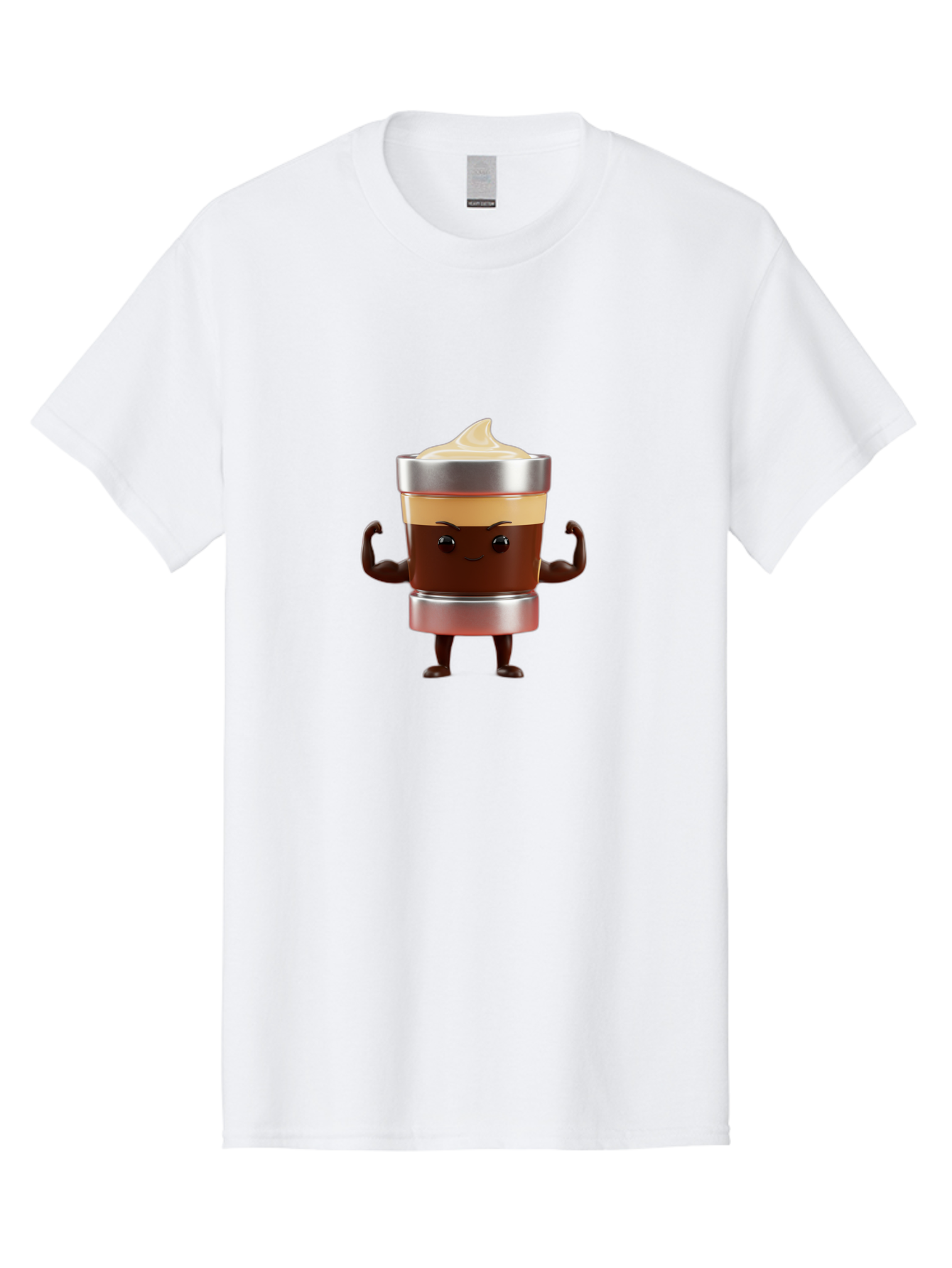 Coffee-Cup-Character Men'S Graphic Tee, 100% Cotton, Comfortable Casual Summer Wear, Machine Washable, Coffee Cup Character, Flexing Muscles, Strong Coffee, Cartoon Style, Playful Design, 3D Illustration, Coffee Lover, Morning Motivation Bab795