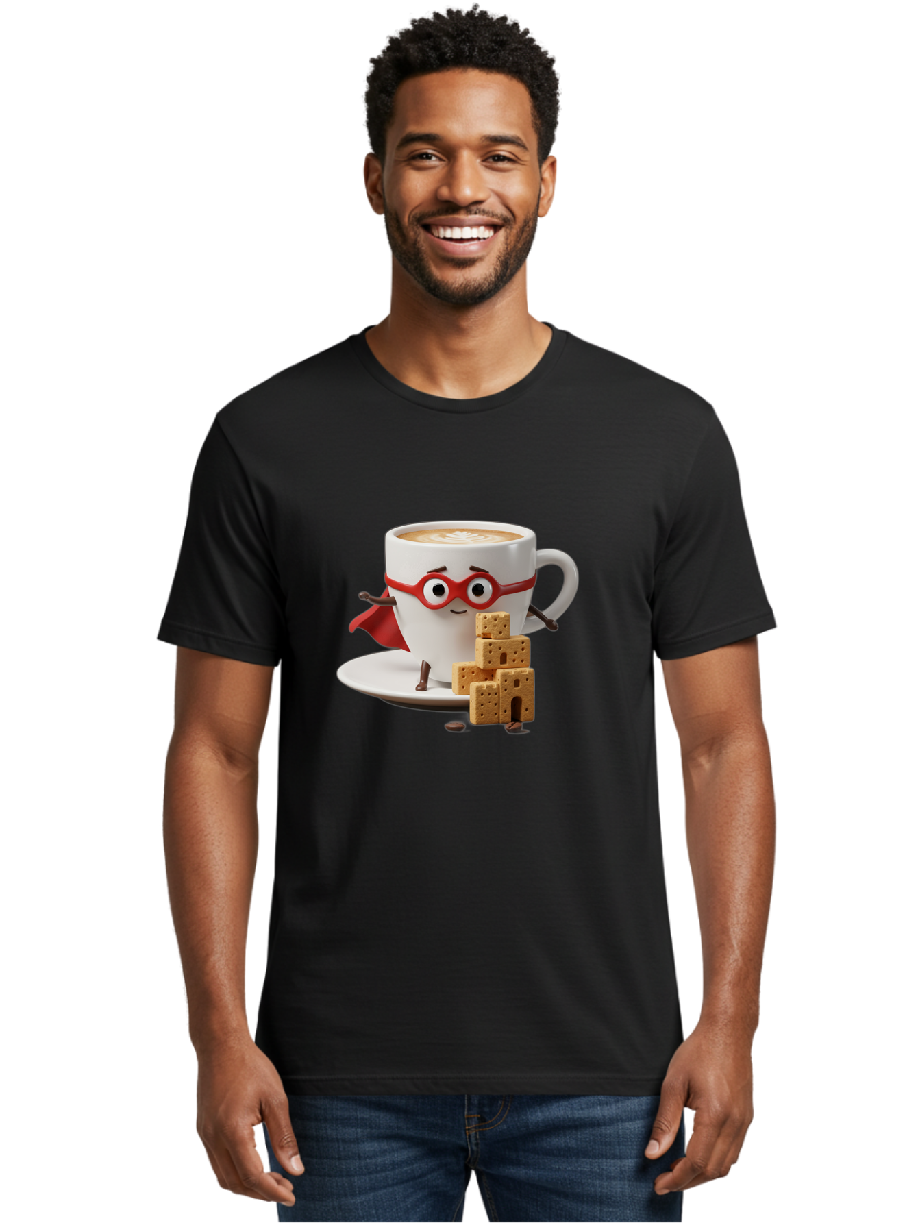 Coffee-Cup-Hero Men'S Graphic Tee, 100% Cotton, Comfortable Casual Summer Wear, Machine Washable, Coffee Cup With Face, Superhero Costume, Red Glasses, Cape, Biscuits, Chocolate Chips, Coffee Lover, Morning Routine, Funny Cartoon Bab797