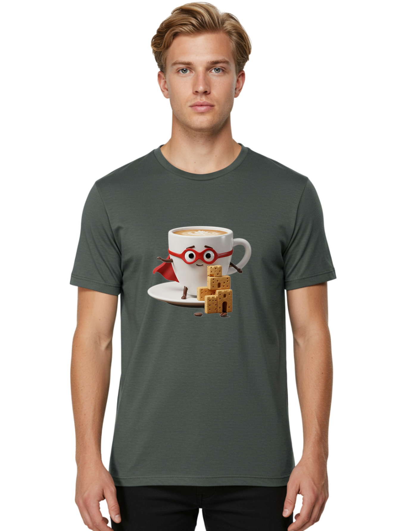 Coffee-Cup-Hero Men'S Graphic Tee, 100% Cotton, Comfortable Casual Summer Wear, Machine Washable, Coffee Cup With Face, Superhero Costume, Red Glasses, Cape, Biscuits, Chocolate Chips, Coffee Lover, Morning Routine, Funny Cartoon Bab797