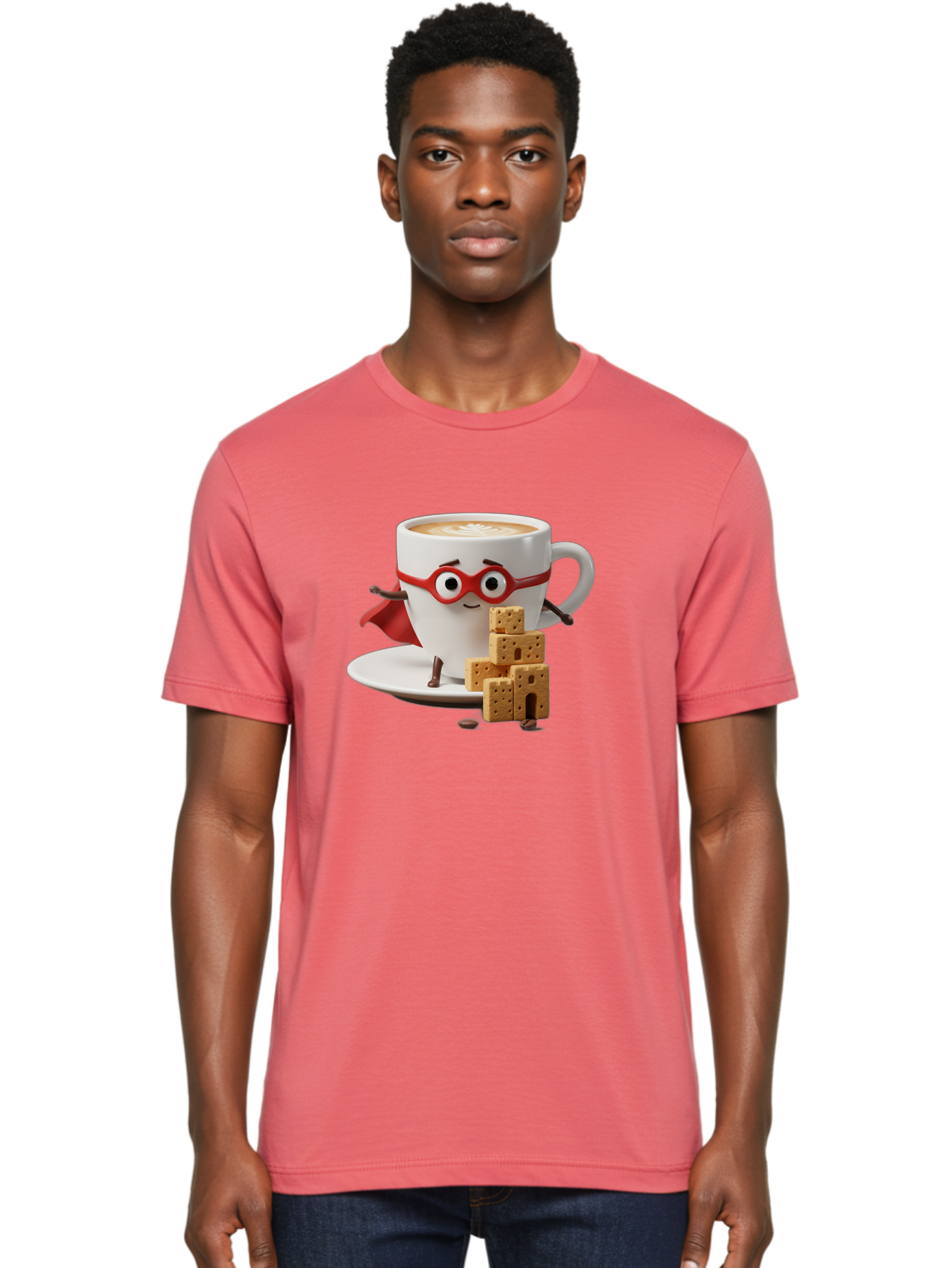 Coffee-Cup-Hero Men'S Graphic Tee, 100% Cotton, Comfortable Casual Summer Wear, Machine Washable, Coffee Cup With Face, Superhero Costume, Red Glasses, Cape, Biscuits, Chocolate Chips, Coffee Lover, Morning Routine, Funny Cartoon Bab797