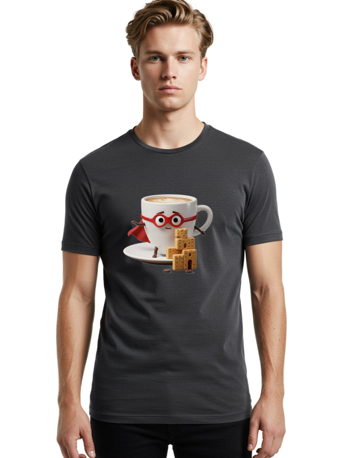 Coffee-Cup-Hero Men'S Graphic Tee, 100% Cotton, Comfortable Casual Summer Wear, Machine Washable, Coffee Cup With Face, Superhero Costume, Red Glasses, Cape, Biscuits, Chocolate Chips, Coffee Lover, Morning Routine, Funny Cartoon Bab797