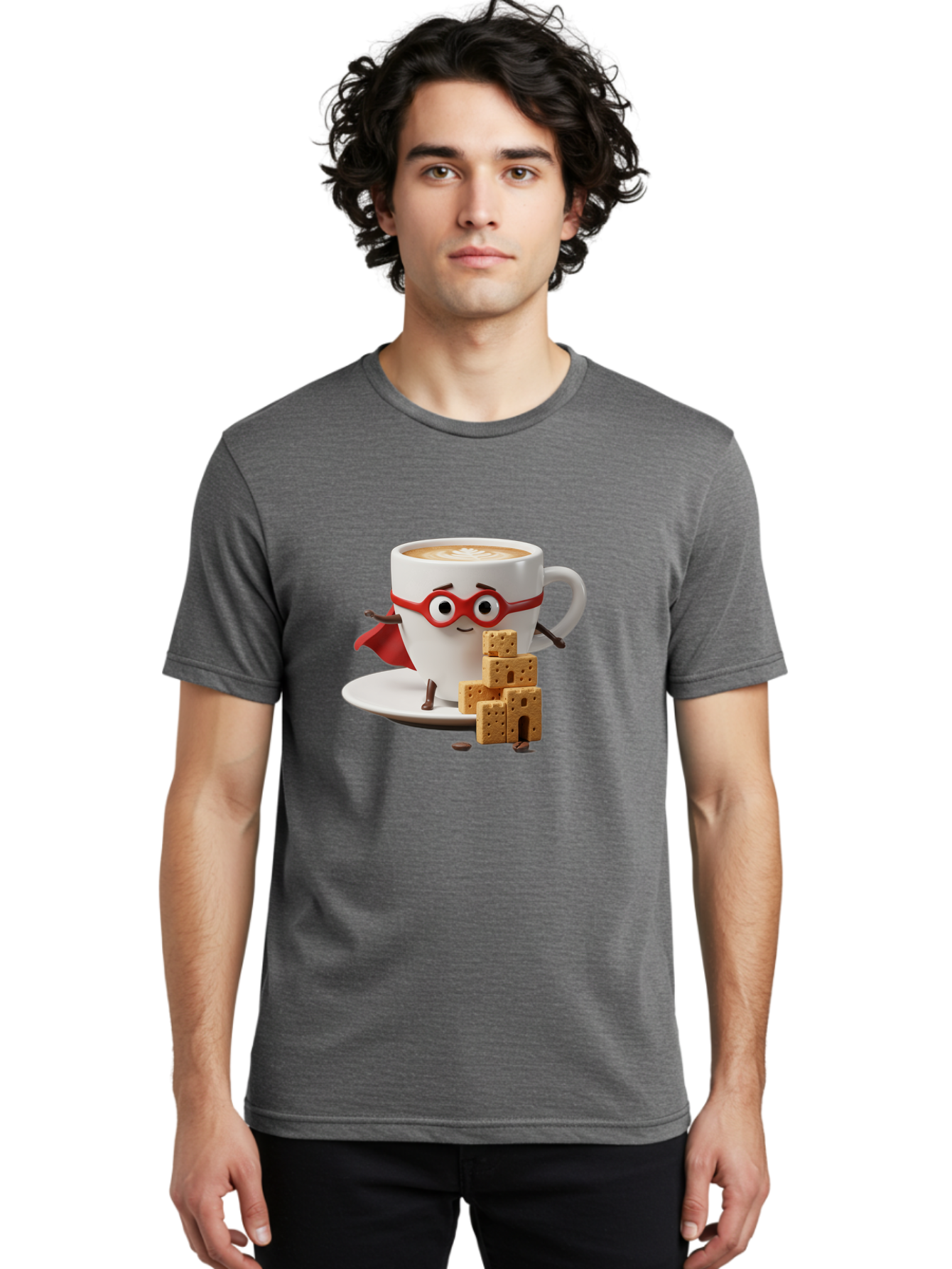 Coffee-Cup-Hero Men'S Graphic Tee, 100% Cotton, Comfortable Casual Summer Wear, Machine Washable, Coffee Cup With Face, Superhero Costume, Red Glasses, Cape, Biscuits, Chocolate Chips, Coffee Lover, Morning Routine, Funny Cartoon Bab797