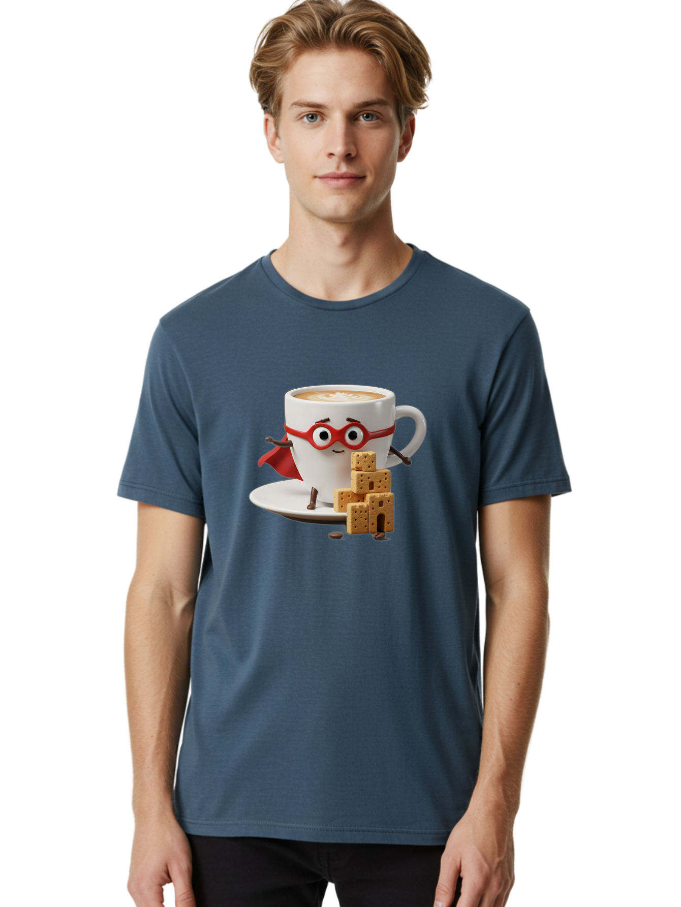 Coffee-Cup-Hero Men'S Graphic Tee, 100% Cotton, Comfortable Casual Summer Wear, Machine Washable, Coffee Cup With Face, Superhero Costume, Red Glasses, Cape, Biscuits, Chocolate Chips, Coffee Lover, Morning Routine, Funny Cartoon Bab797