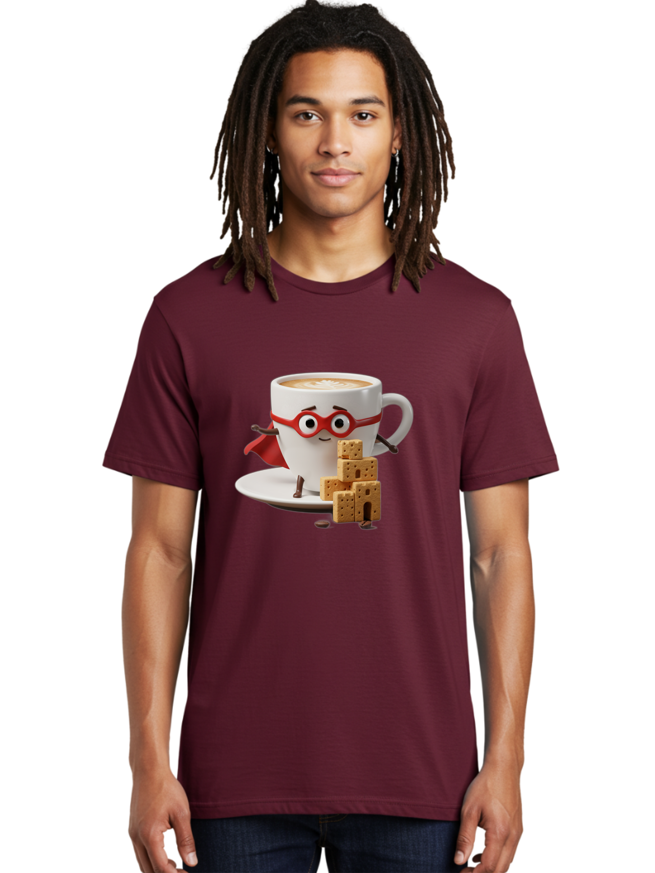 Coffee-Cup-Hero Men'S Graphic Tee, 100% Cotton, Comfortable Casual Summer Wear, Machine Washable, Coffee Cup With Face, Superhero Costume, Red Glasses, Cape, Biscuits, Chocolate Chips, Coffee Lover, Morning Routine, Funny Cartoon Bab797