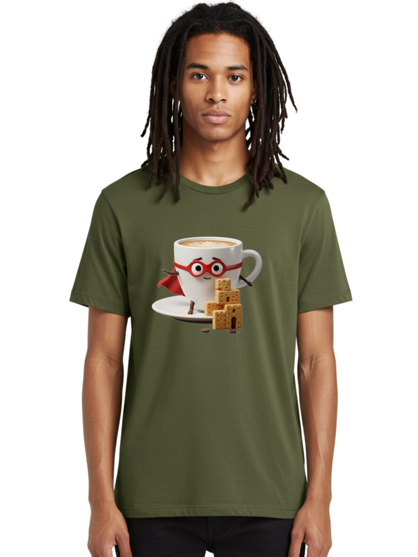 Coffee-Cup-Hero Men'S Graphic Tee, 100% Cotton, Comfortable Casual Summer Wear, Machine Washable, Coffee Cup With Face, Superhero Costume, Red Glasses, Cape, Biscuits, Chocolate Chips, Coffee Lover, Morning Routine, Funny Cartoon Bab797