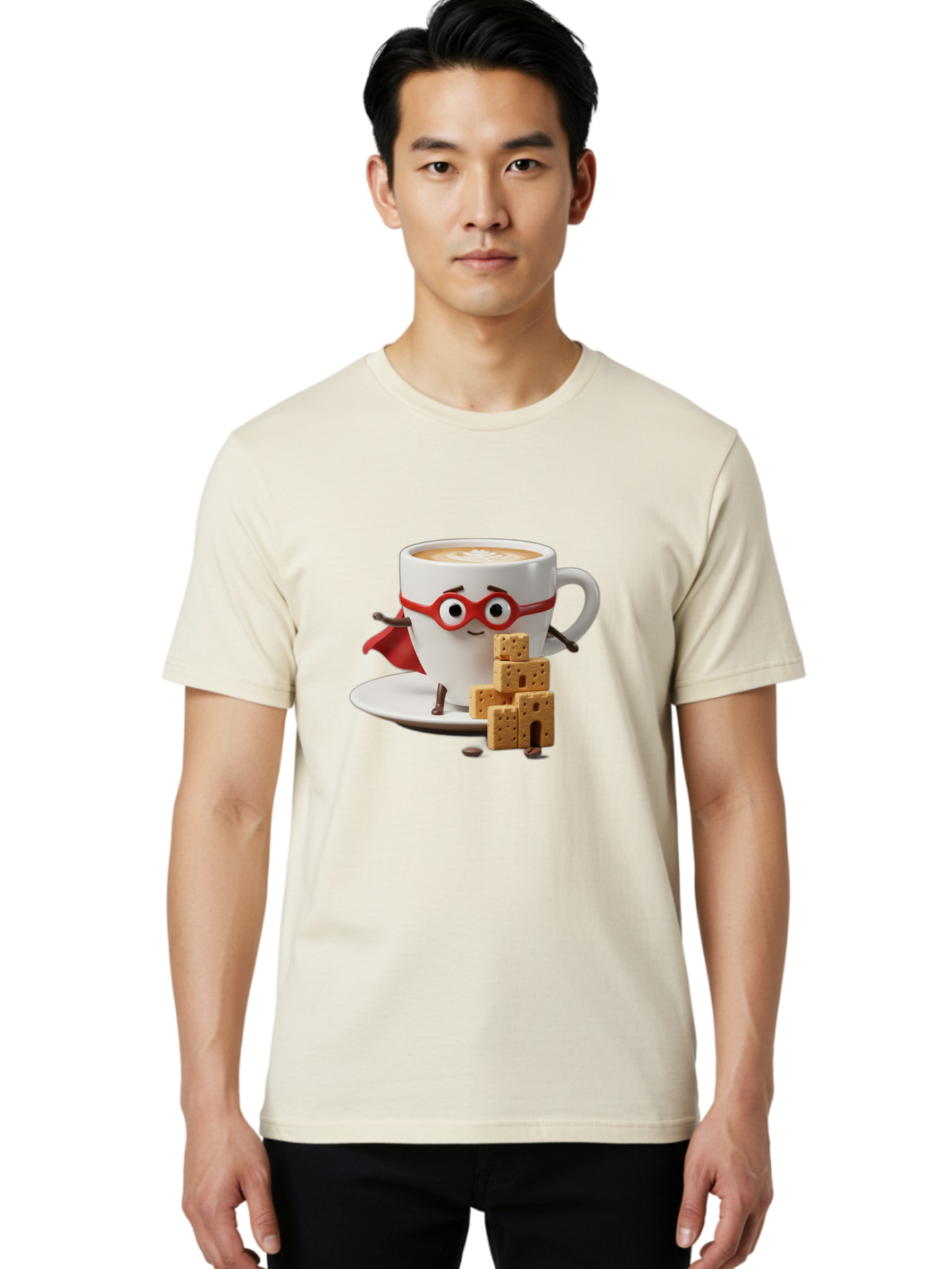 Coffee-Cup-Hero Men'S Graphic Tee, 100% Cotton, Comfortable Casual Summer Wear, Machine Washable, Coffee Cup With Face, Superhero Costume, Red Glasses, Cape, Biscuits, Chocolate Chips, Coffee Lover, Morning Routine, Funny Cartoon Bab797