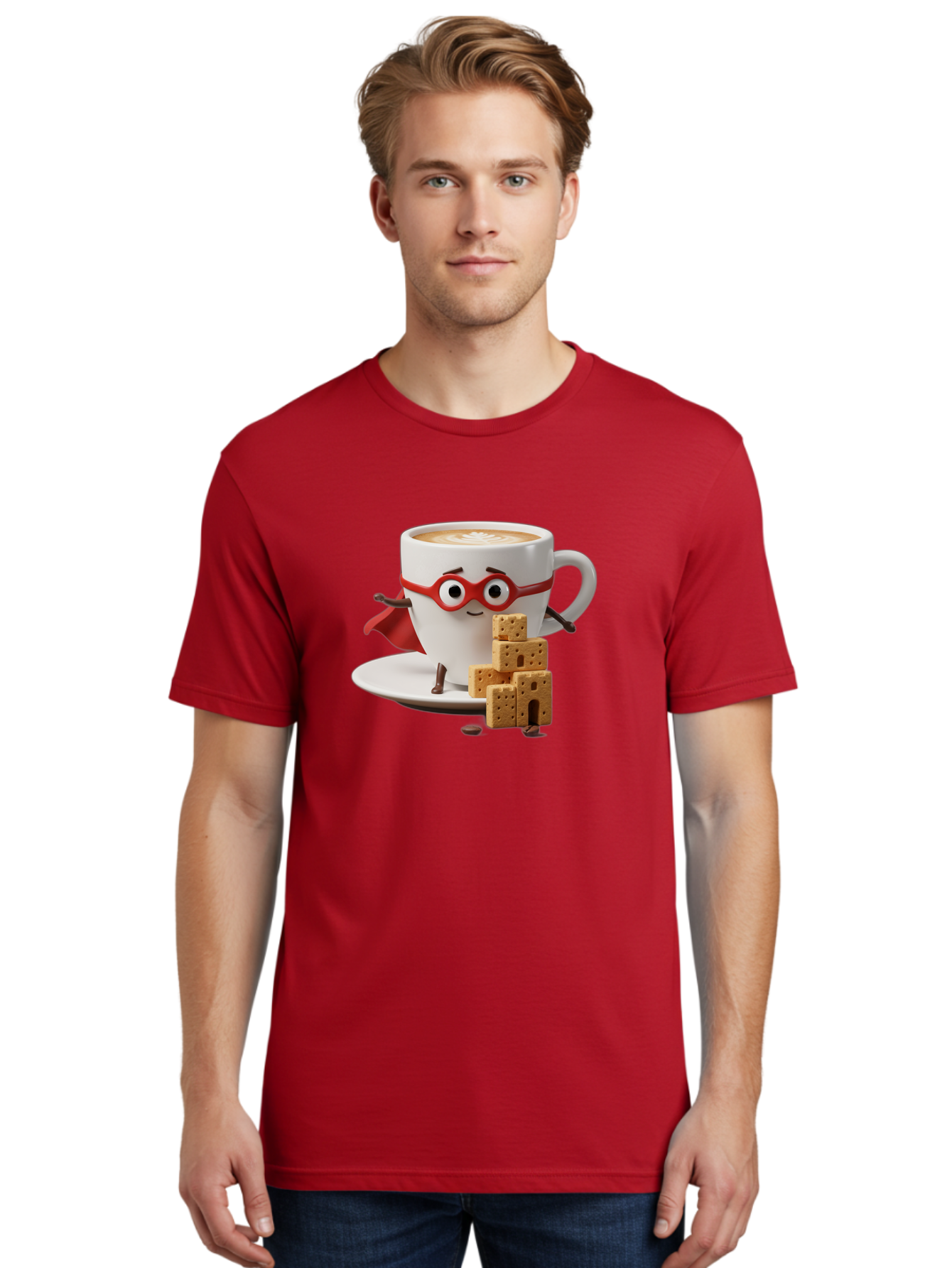 Coffee-Cup-Hero Men'S Graphic Tee, 100% Cotton, Comfortable Casual Summer Wear, Machine Washable, Coffee Cup With Face, Superhero Costume, Red Glasses, Cape, Biscuits, Chocolate Chips, Coffee Lover, Morning Routine, Funny Cartoon Bab797