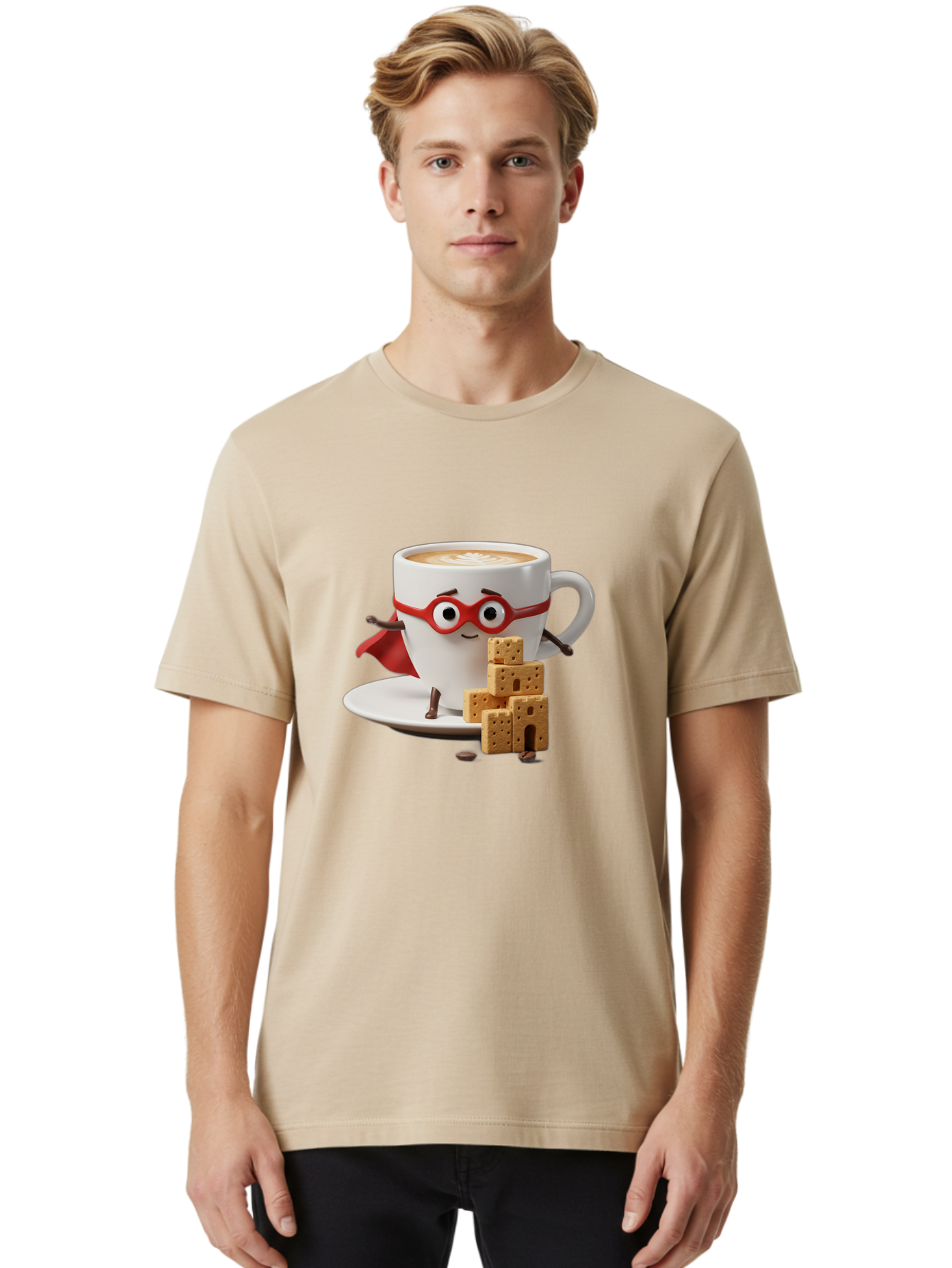 Coffee-Cup-Hero Men'S Graphic Tee, 100% Cotton, Comfortable Casual Summer Wear, Machine Washable, Coffee Cup With Face, Superhero Costume, Red Glasses, Cape, Biscuits, Chocolate Chips, Coffee Lover, Morning Routine, Funny Cartoon Bab797