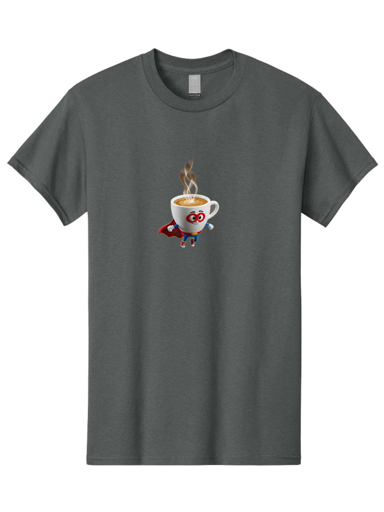 Coffee-Cup-Superhero Men'S Graphic Tee, 100% Cotton, Comfortable Casual Summer Wear, Machine Washable, Cartoon Coffee Cup, Superhero Character, Steaming Hot Coffee, Comic Style, Playful Design, Coffee Lover, Morning Motivation, Funny Artwork, Bab798