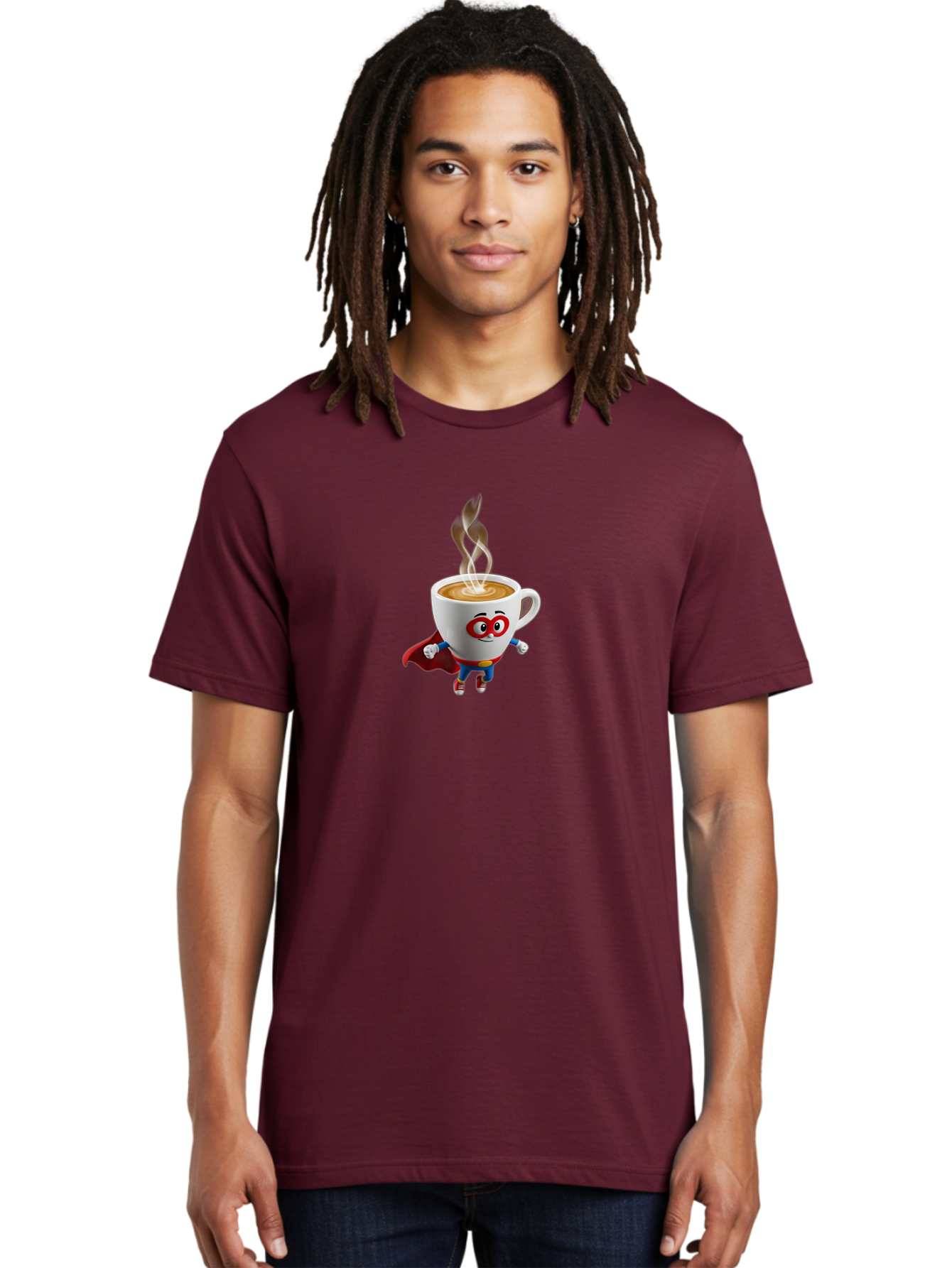 Coffee-Cup-Superhero Men'S Graphic Tee, 100% Cotton, Comfortable Casual Summer Wear, Machine Washable, Cartoon Coffee Cup, Superhero Character, Steaming Hot Coffee, Comic Style, Playful Design, Coffee Lover, Morning Motivation, Funny Artwork, Bab798