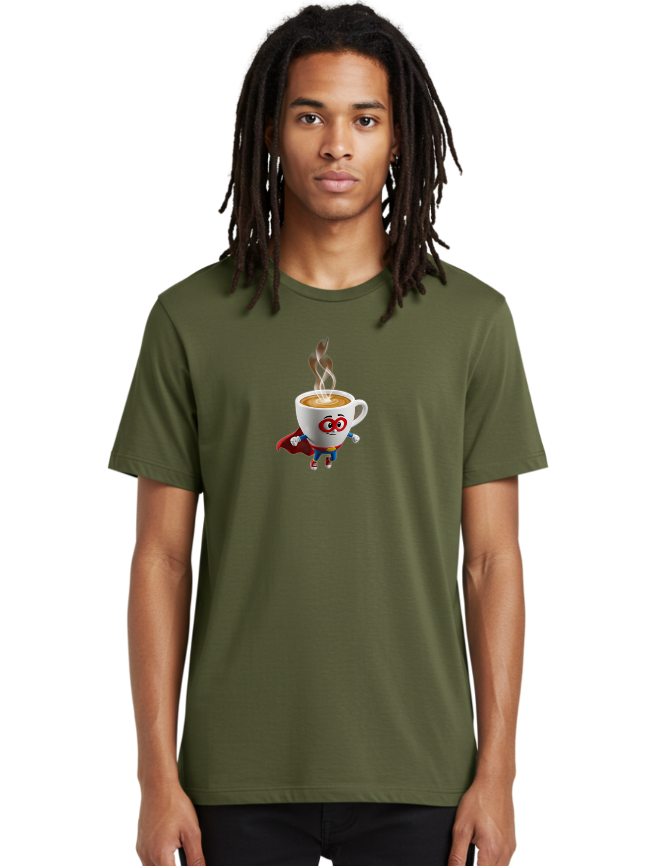 Coffee-Cup-Superhero Men'S Graphic Tee, 100% Cotton, Comfortable Casual Summer Wear, Machine Washable, Cartoon Coffee Cup, Superhero Character, Steaming Hot Coffee, Comic Style, Playful Design, Coffee Lover, Morning Motivation, Funny Artwork, Bab798