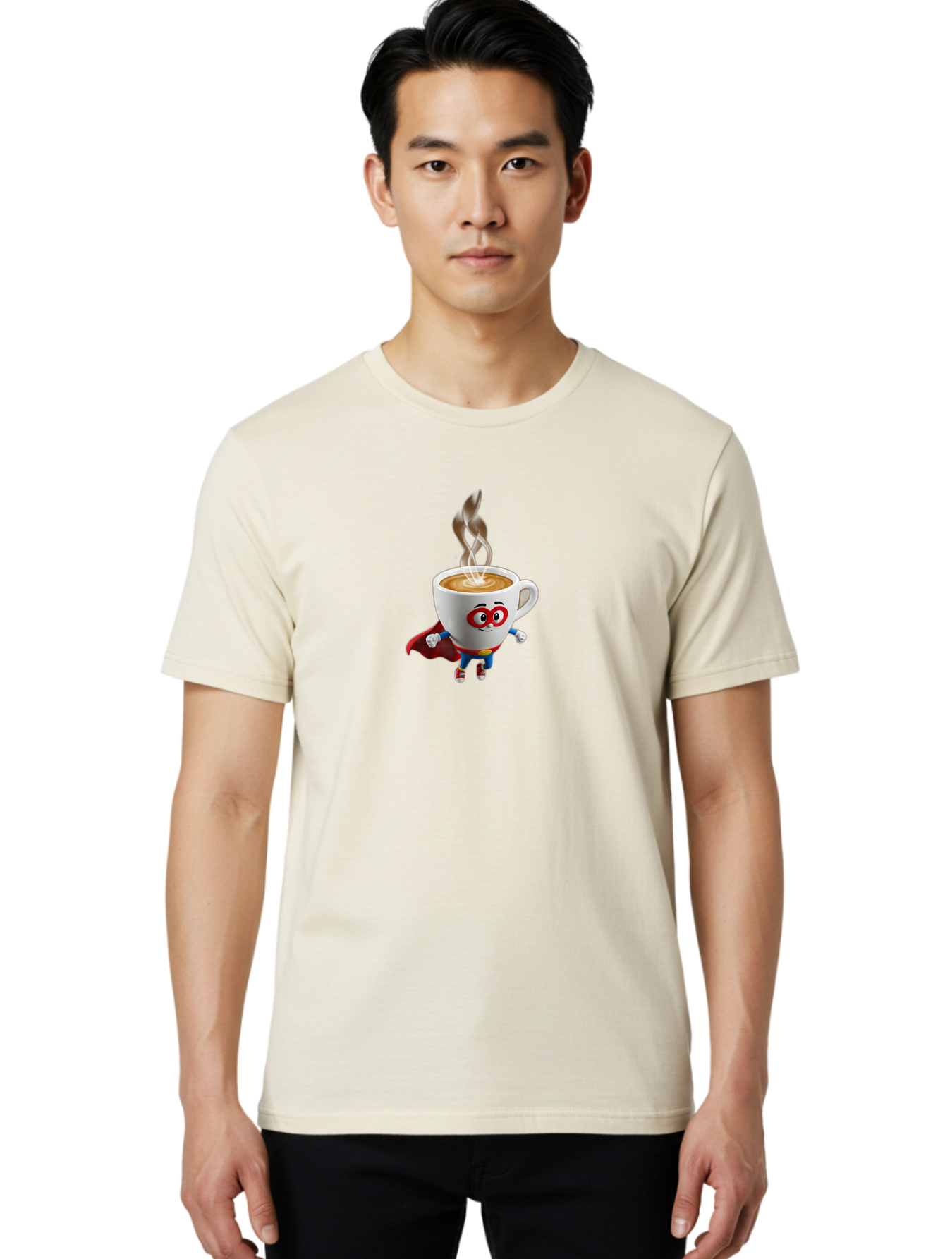 Coffee-Cup-Superhero Men'S Graphic Tee, 100% Cotton, Comfortable Casual Summer Wear, Machine Washable, Cartoon Coffee Cup, Superhero Character, Steaming Hot Coffee, Comic Style, Playful Design, Coffee Lover, Morning Motivation, Funny Artwork, Bab798