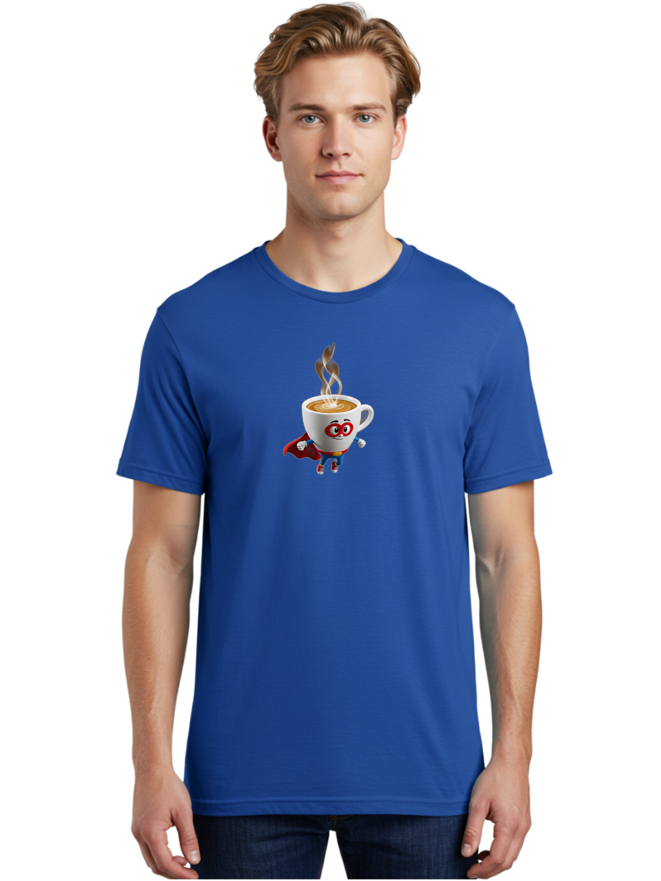 Coffee-Cup-Superhero Men'S Graphic Tee, 100% Cotton, Comfortable Casual Summer Wear, Machine Washable, Cartoon Coffee Cup, Superhero Character, Steaming Hot Coffee, Comic Style, Playful Design, Coffee Lover, Morning Motivation, Funny Artwork, Bab798