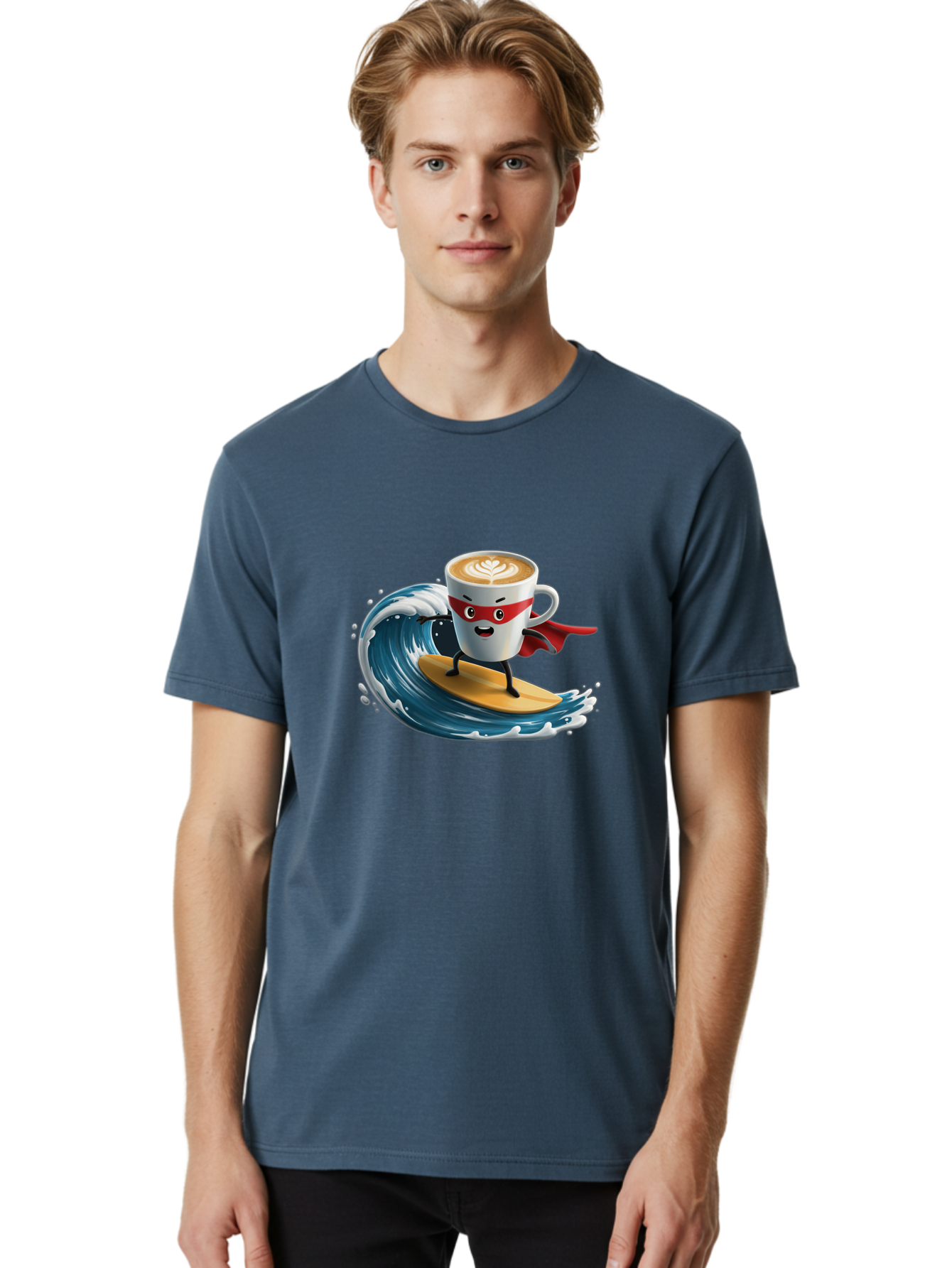 Coffee-Cup-Surfing-Hero Men'S Graphic Tee, 100% Cotton, Comfortable Casual Summer Wear, Machine Washable, Cartoon Coffee Cup, Latte Art, Superhero Cape, Red Mask, Surfing, Wave, Ocean, Fun, Adventure, Humor, Coffee Culture, Playful, Animation Bab799