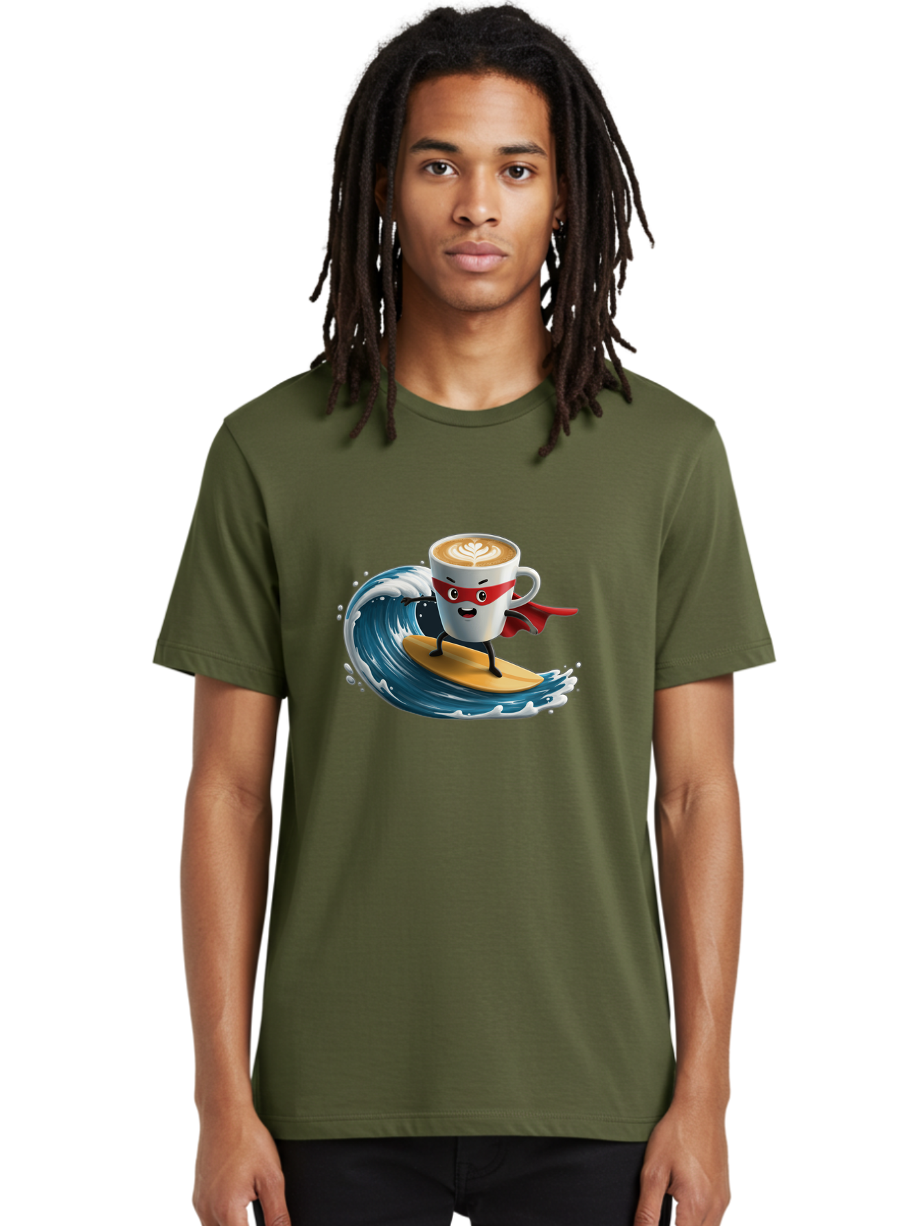 Coffee-Cup-Surfing-Hero Men'S Graphic Tee, 100% Cotton, Comfortable Casual Summer Wear, Machine Washable, Cartoon Coffee Cup, Latte Art, Superhero Cape, Red Mask, Surfing, Wave, Ocean, Fun, Adventure, Humor, Coffee Culture, Playful, Animation Bab799