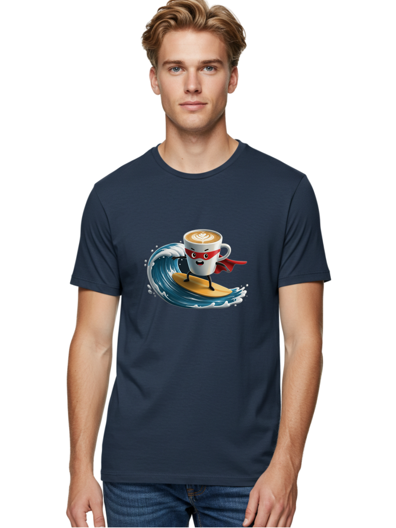 Coffee-Cup-Surfing-Hero Men'S Graphic Tee, 100% Cotton, Comfortable Casual Summer Wear, Machine Washable, Cartoon Coffee Cup, Latte Art, Superhero Cape, Red Mask, Surfing, Wave, Ocean, Fun, Adventure, Humor, Coffee Culture, Playful, Animation Bab799