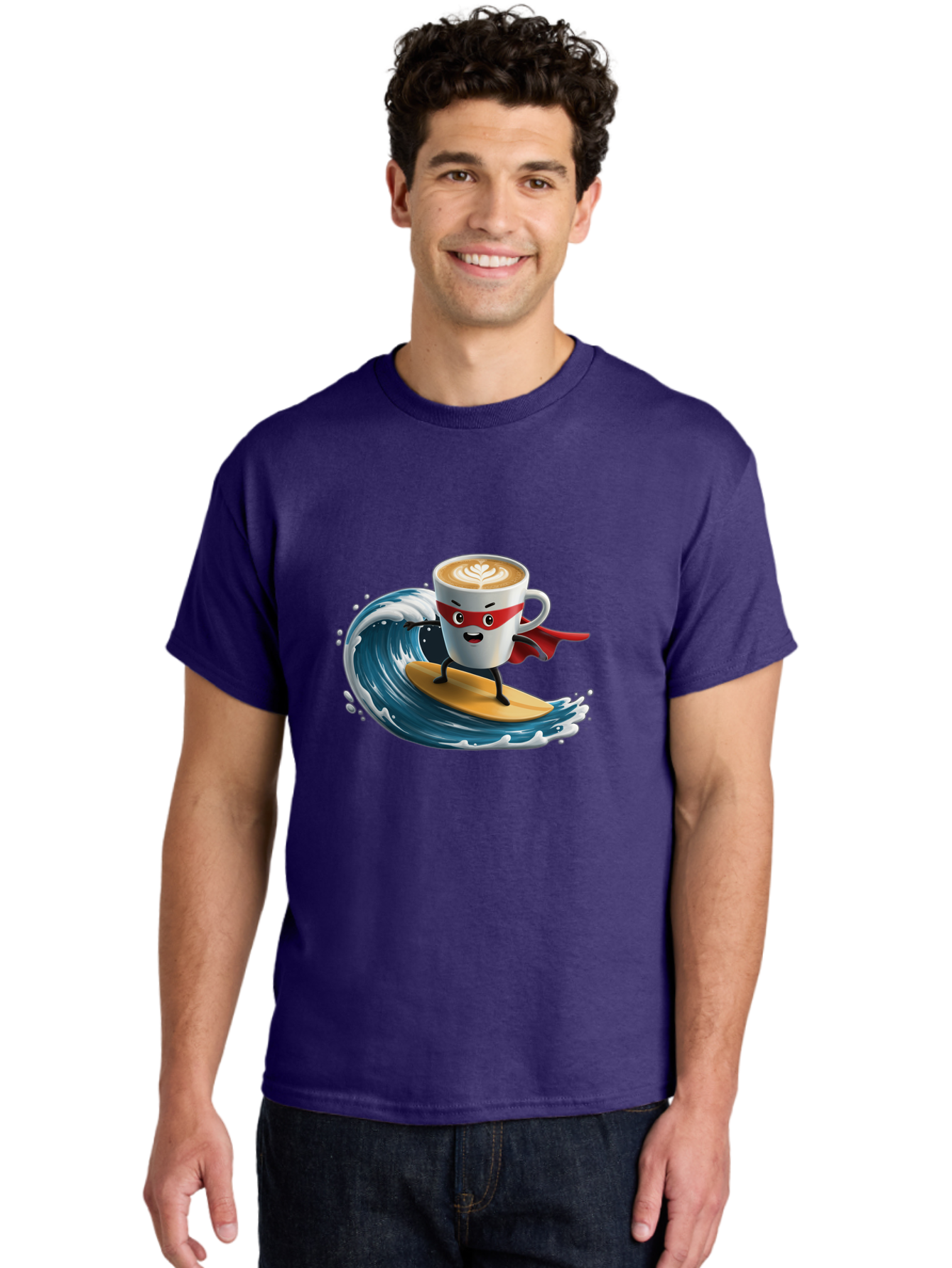 Coffee-Cup-Surfing-Hero Men'S Graphic Tee, 100% Cotton, Comfortable Casual Summer Wear, Machine Washable, Cartoon Coffee Cup, Latte Art, Superhero Cape, Red Mask, Surfing, Wave, Ocean, Fun, Adventure, Humor, Coffee Culture, Playful, Animation Bab799