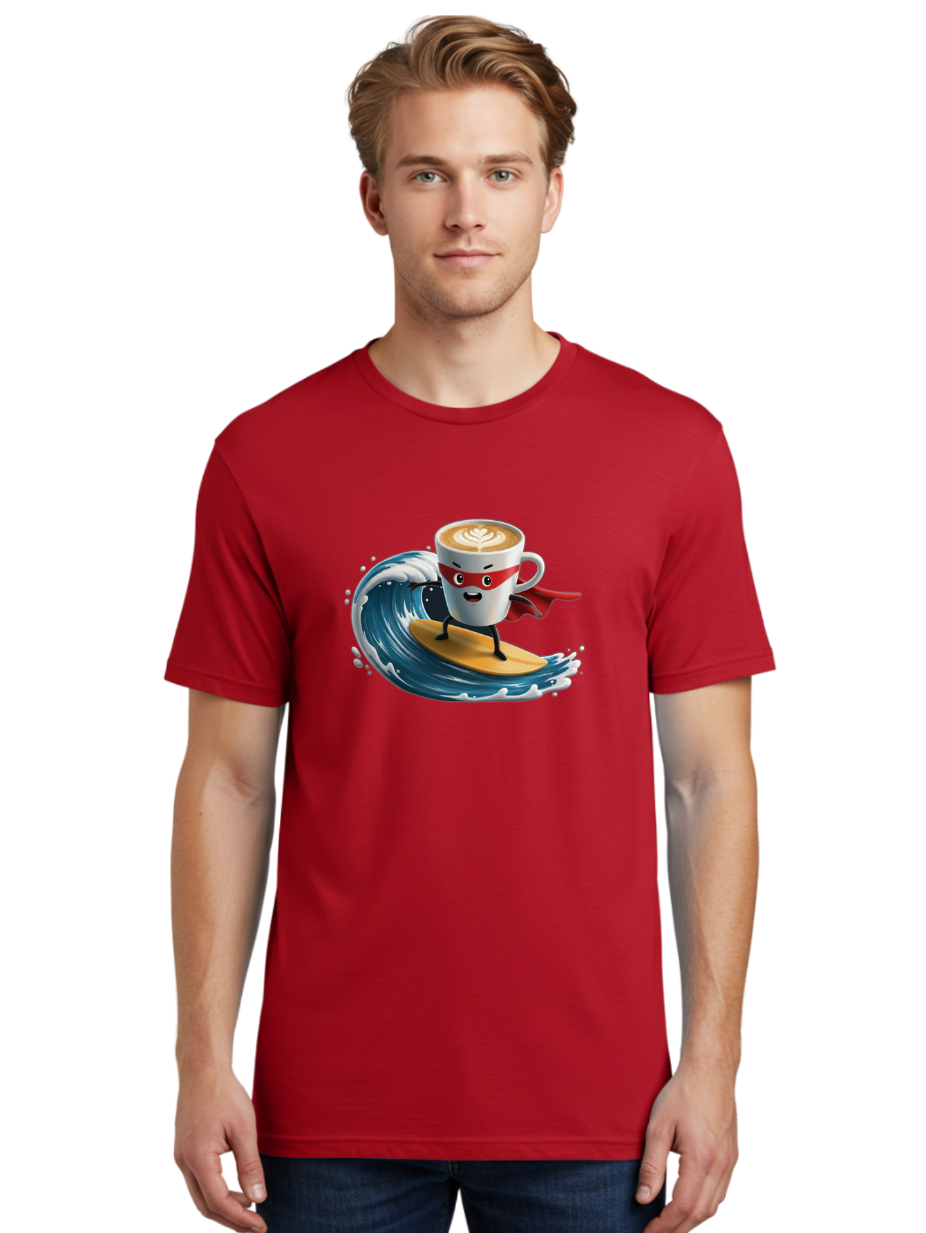 Coffee-Cup-Surfing-Hero Men'S Graphic Tee, 100% Cotton, Comfortable Casual Summer Wear, Machine Washable, Cartoon Coffee Cup, Latte Art, Superhero Cape, Red Mask, Surfing, Wave, Ocean, Fun, Adventure, Humor, Coffee Culture, Playful, Animation Bab799