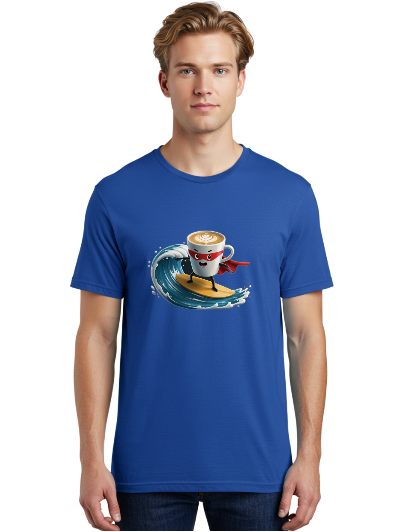 Coffee-Cup-Surfing-Hero Men'S Graphic Tee, 100% Cotton, Comfortable Casual Summer Wear, Machine Washable, Cartoon Coffee Cup, Latte Art, Superhero Cape, Red Mask, Surfing, Wave, Ocean, Fun, Adventure, Humor, Coffee Culture, Playful, Animation Bab799