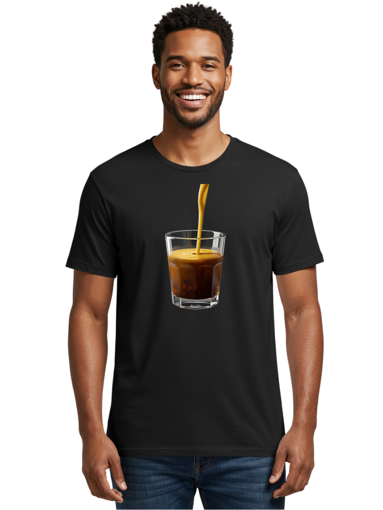 Coffee-In-Glass Men'S Graphic Tee, 100% Cotton, Comfortable Casual Summer Wear, Machine Washable, Coffee Being Poured, Espresso In A Glass, Coffee Drink, Creamy Texture, Rich Flavor, Coffee Lover, Morning Pick-Me-Up, Caffeine Fix Bab801