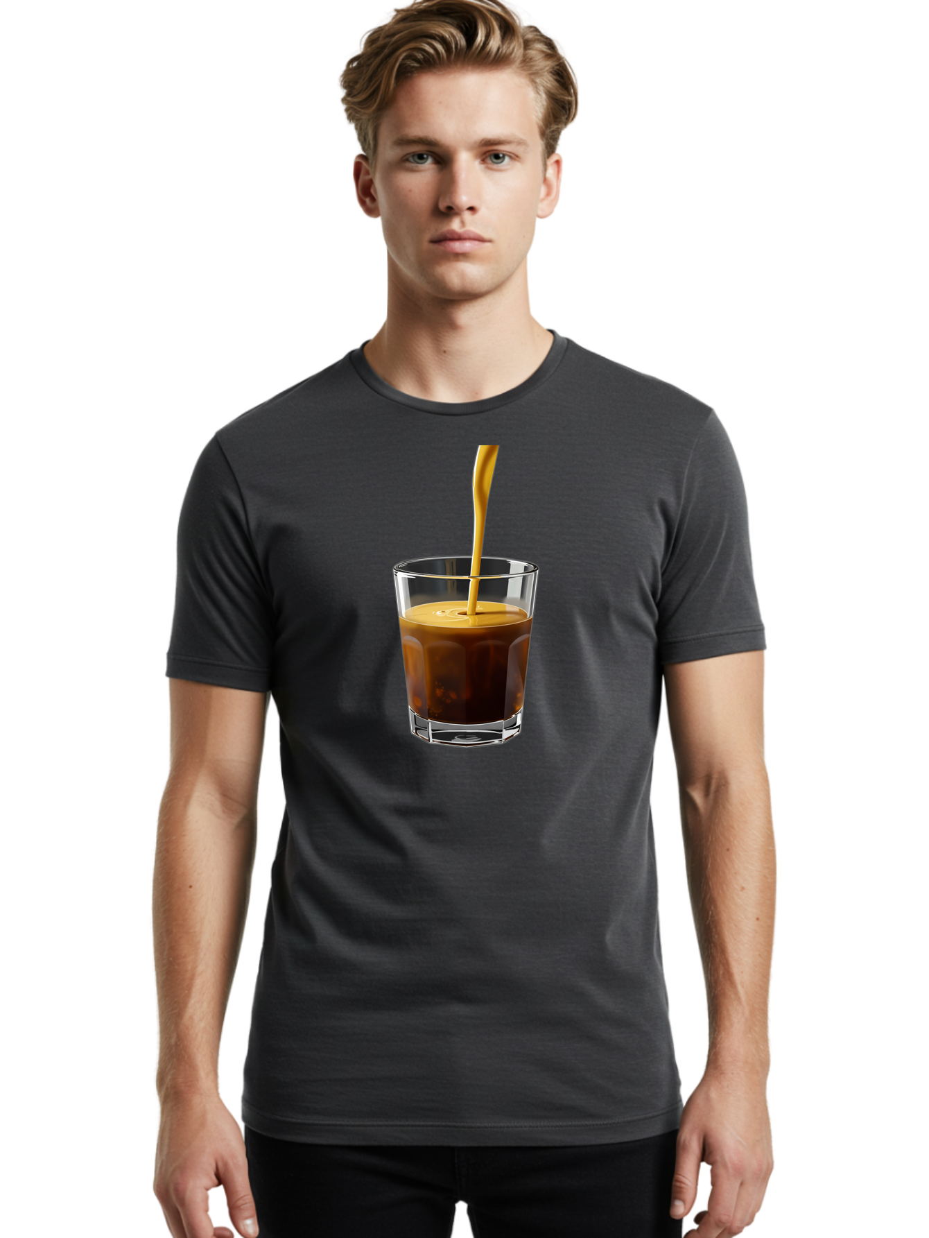 Coffee-In-Glass Men'S Graphic Tee, 100% Cotton, Comfortable Casual Summer Wear, Machine Washable, Coffee Being Poured, Espresso In A Glass, Coffee Drink, Creamy Texture, Rich Flavor, Coffee Lover, Morning Pick-Me-Up, Caffeine Fix Bab801