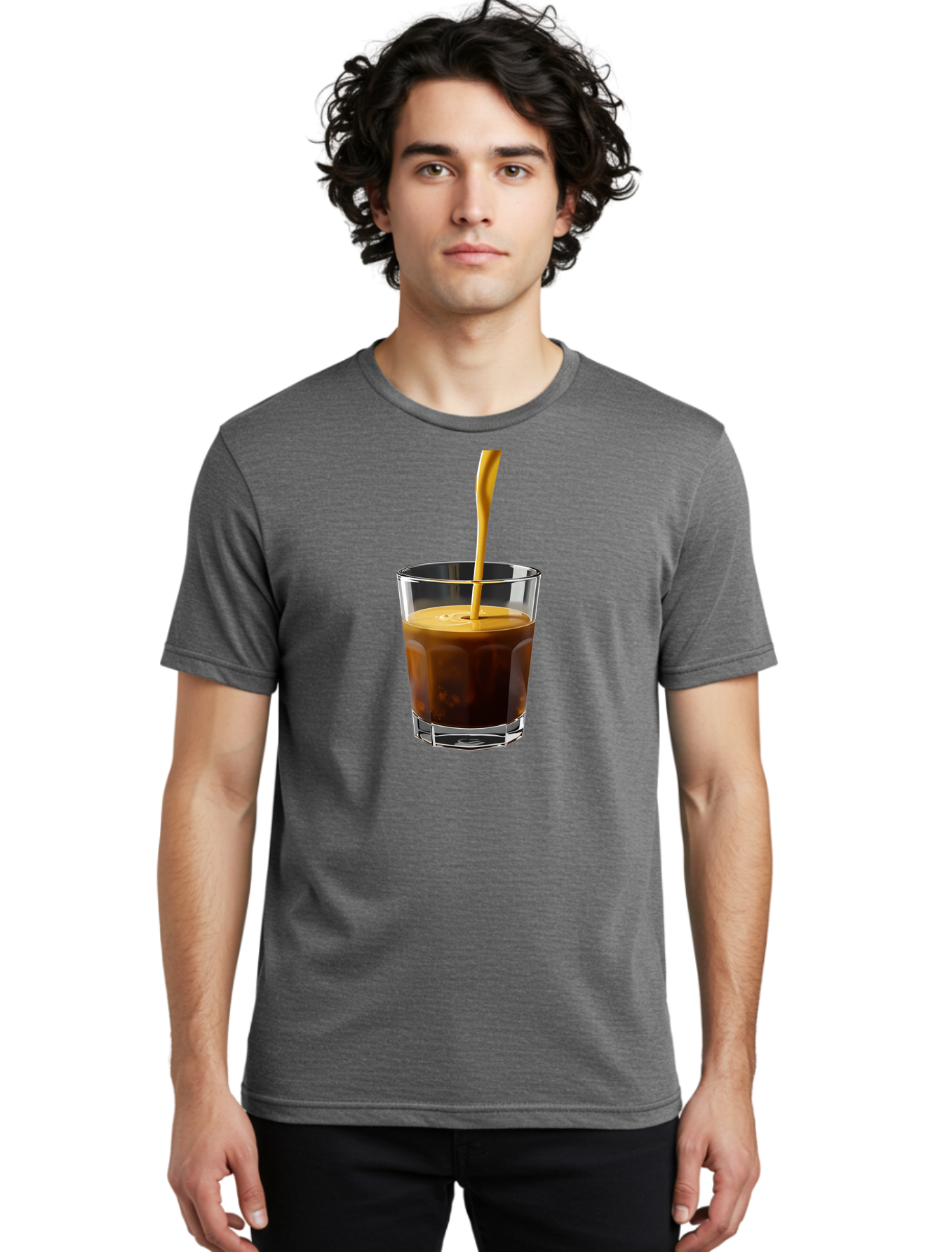 Coffee-In-Glass Men'S Graphic Tee, 100% Cotton, Comfortable Casual Summer Wear, Machine Washable, Coffee Being Poured, Espresso In A Glass, Coffee Drink, Creamy Texture, Rich Flavor, Coffee Lover, Morning Pick-Me-Up, Caffeine Fix Bab801