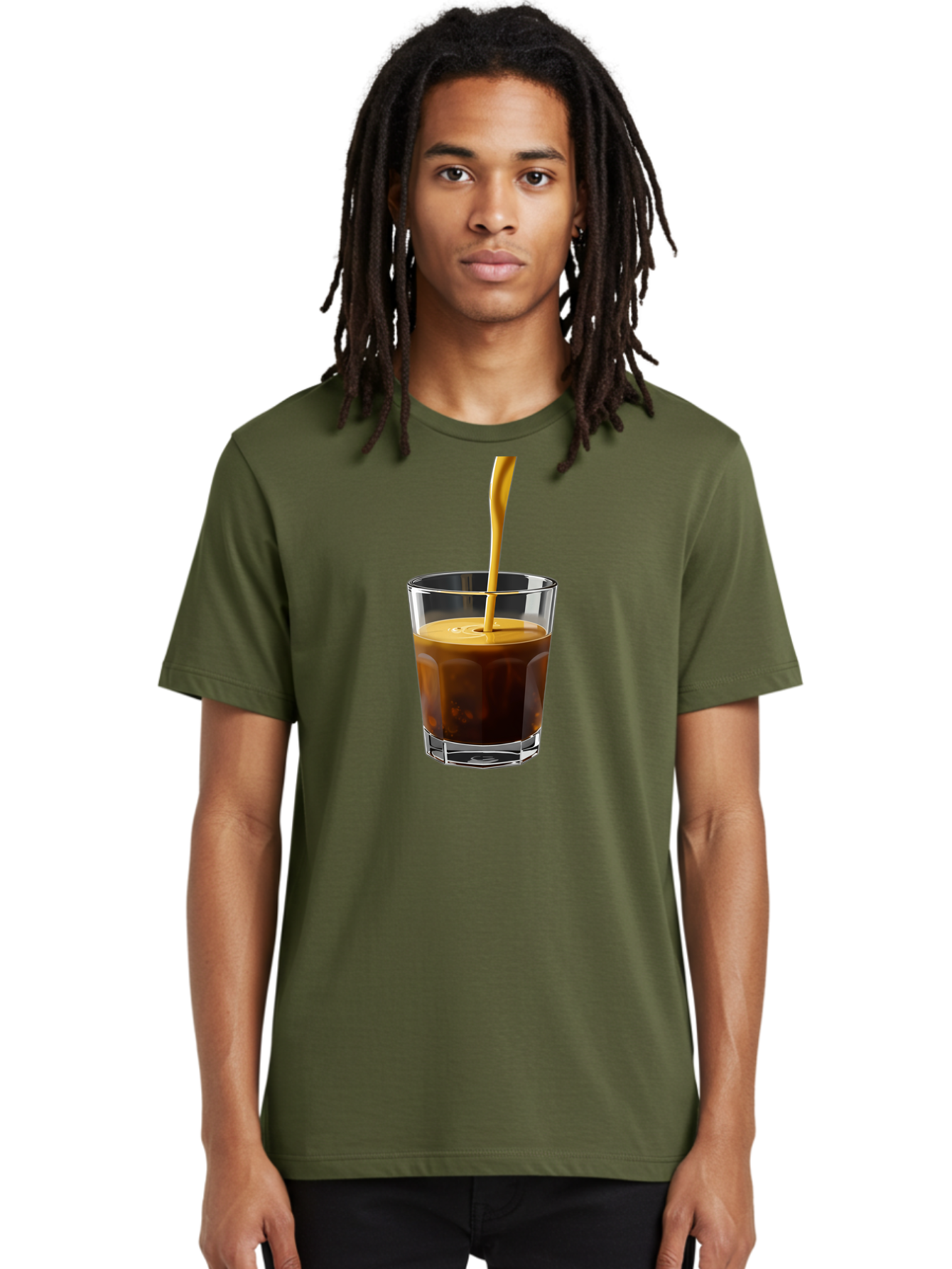 Coffee-In-Glass Men'S Graphic Tee, 100% Cotton, Comfortable Casual Summer Wear, Machine Washable, Coffee Being Poured, Espresso In A Glass, Coffee Drink, Creamy Texture, Rich Flavor, Coffee Lover, Morning Pick-Me-Up, Caffeine Fix Bab801