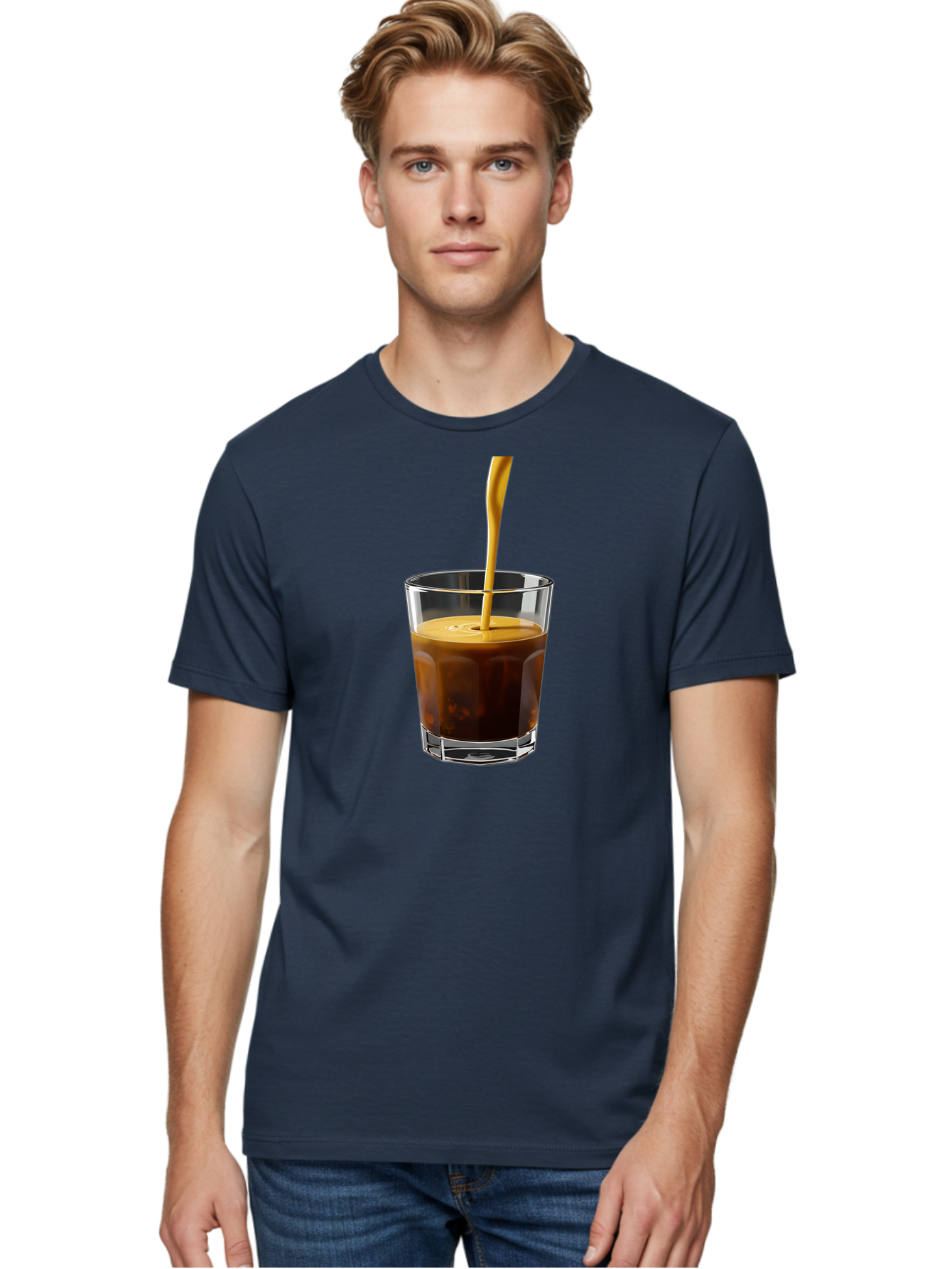 Coffee-In-Glass Men'S Graphic Tee, 100% Cotton, Comfortable Casual Summer Wear, Machine Washable, Coffee Being Poured, Espresso In A Glass, Coffee Drink, Creamy Texture, Rich Flavor, Coffee Lover, Morning Pick-Me-Up, Caffeine Fix Bab801